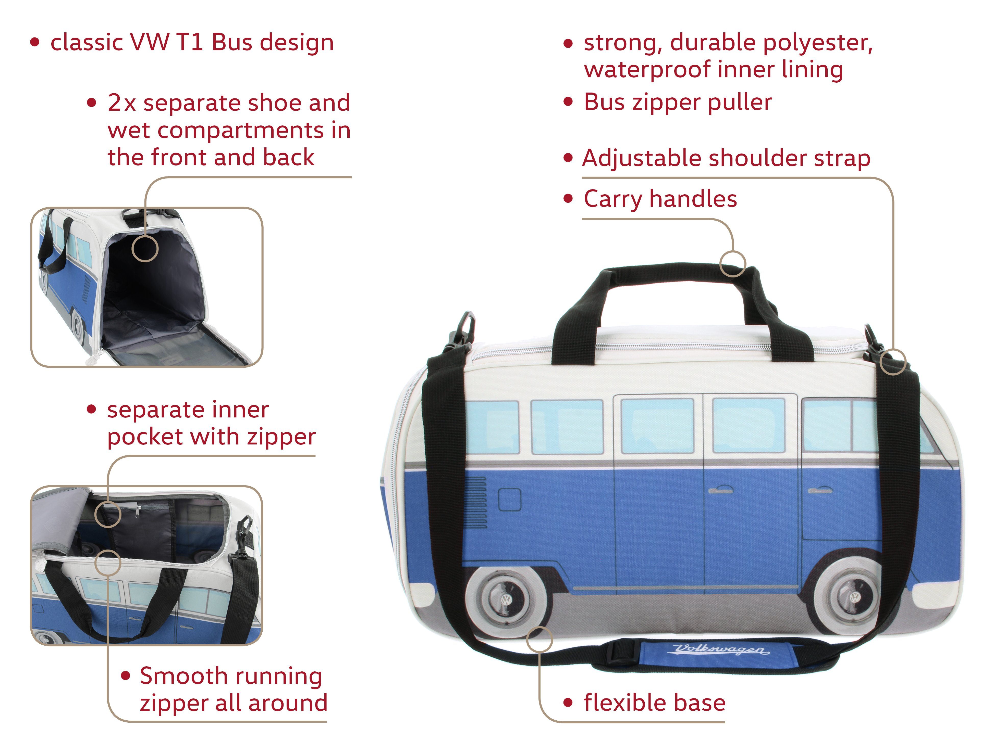 VW Collection by BRISA Sporttasche Volkswagen Retro-Sport-Umhänge-Schulter-Fitness-Tasche, in T1 Bulli Bus Form Klein Classic Bus in Blau & Beige