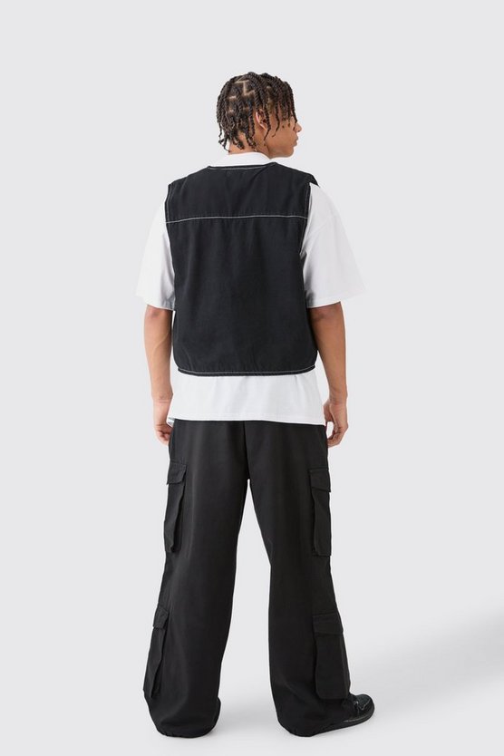 Schwarz Twill Utility-Tanktop mit Kontrast-Naht