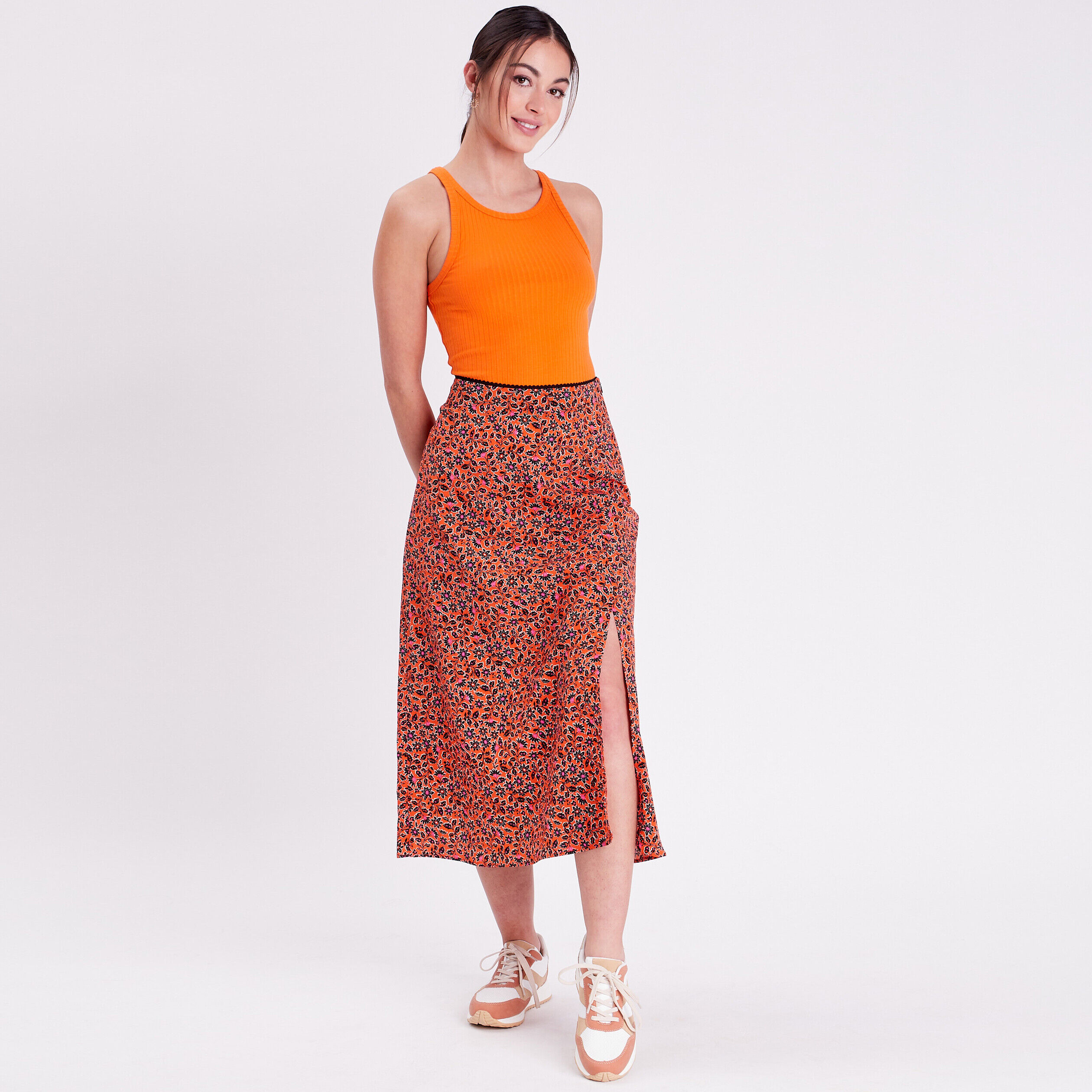 Jupe longue droite fendue orange femme | Cache Cache