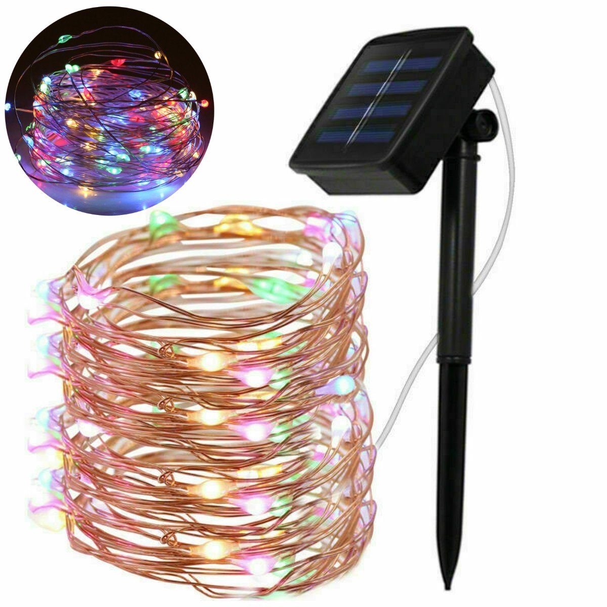 LETGOSPT LED Solarleuchte Solar 100/200 LEDs Solar Kupferdraht Lichterkette, LED fest integriert, warmweiß, kaltweiß, bunt, Mehrfarbig, Wasserdicht IP65 Innen Außen Garten Party Dekor