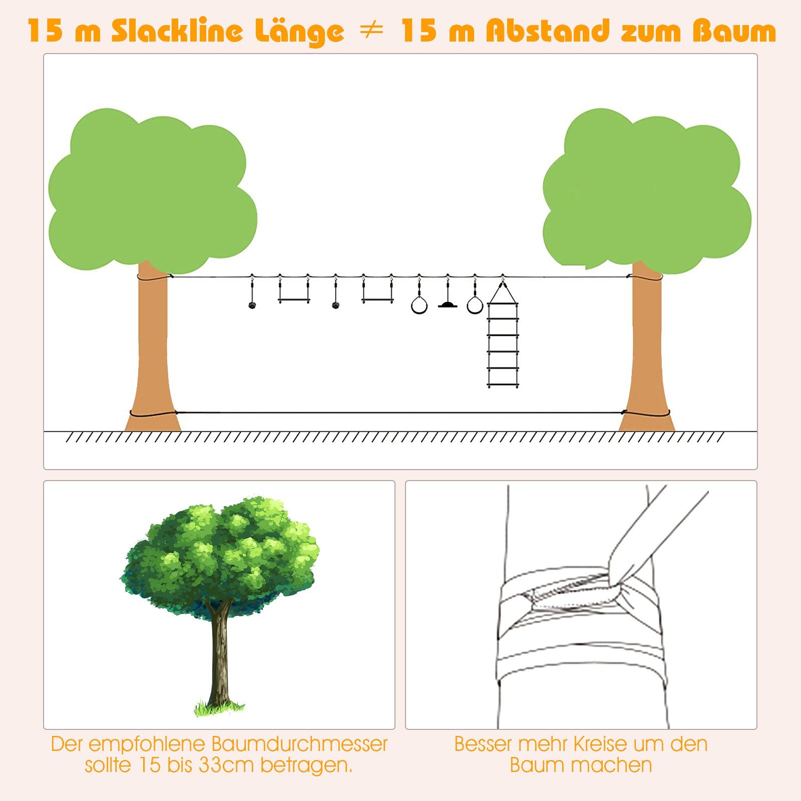 COSTWAY Slackline, 15m Kinder Ninja-Hindernis-Set hängende 9 Hindernisse