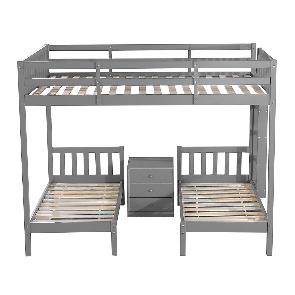 Etagenbett 90x200 Kinderhochbett mit Nachttisch, Dreibett, Massivholz, mit Schrank