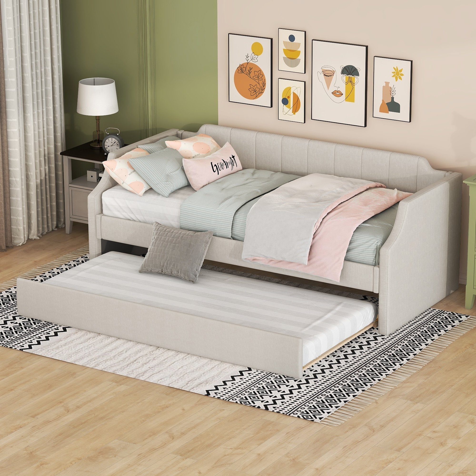 WISHDOR Einzelbett Schlafsofa, Gästebett, Funktionsbetten, ausziehhare Liegeffäche (Gepolstertes Single Daybed mit Rollbett, 90 x 200(190) cm), Ohne Matratze
