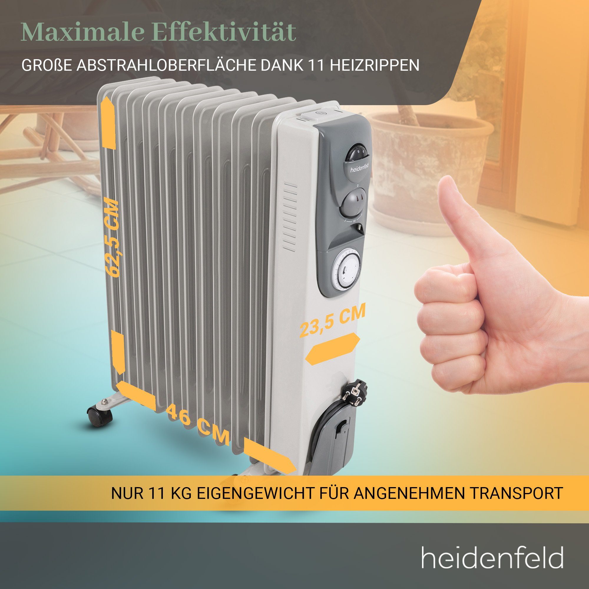 Heidenfeld Ölradiator Mobiler Elektro Heizkörper ÖR200 Heizung inkl. 3 J. Garantie, 2500 W, Thermostat - Heizstrahler - Elektroheizung - Heizlüfter