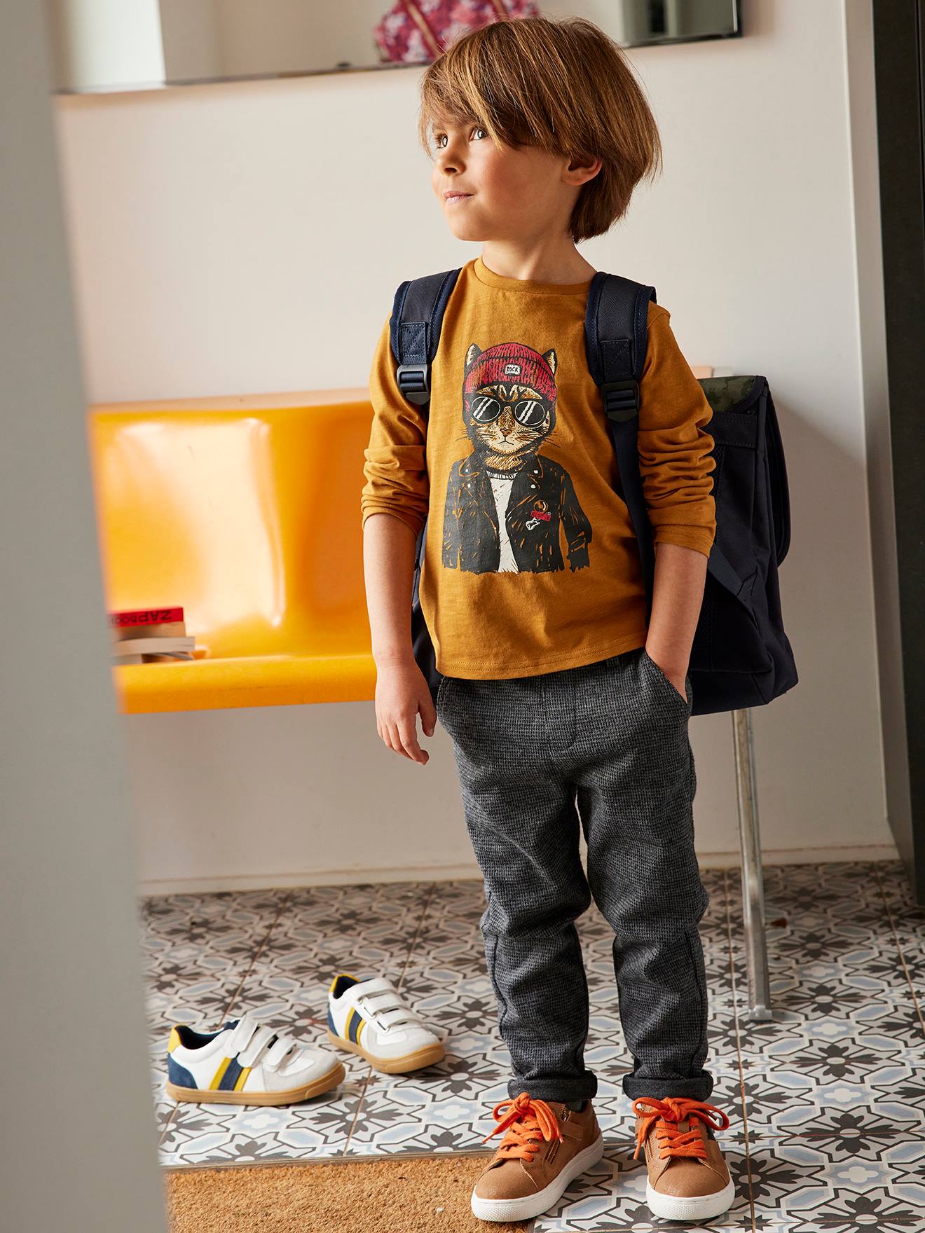 Pantalon à carreaux en lainage doux facile à enfiler garçon carreaux gris fonce