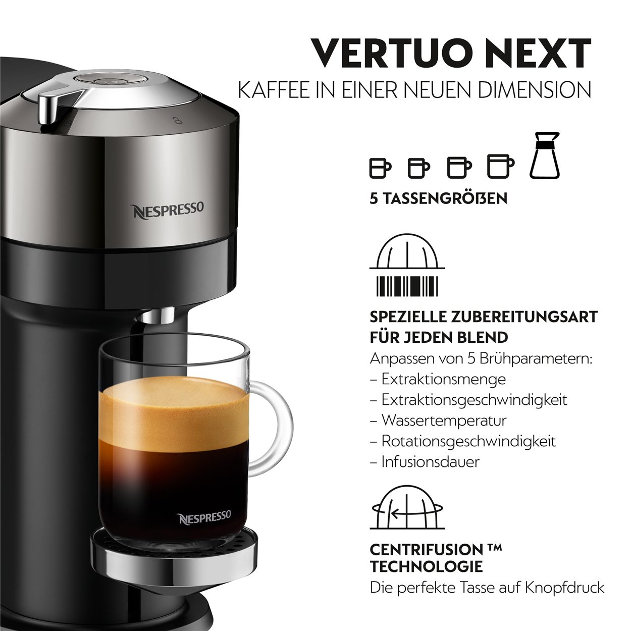 Krups Kapselmaschine Vertuo Next Chrome XN910C Kaffeemaschine, Aeroccino 3 Milchaufschäumer, 1x1, Röstmischungs 1,1L Wassertank, Kapselerkennung, 5 Tassengrößen