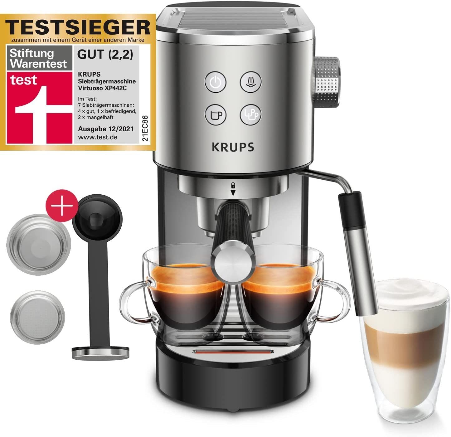Krups Espressomaschine XP442C, 1l Kaffeekanne, Filtereinsatz automatischer Abschaltung, ESE Kaffeepads geeignet Edelstahl, 15 Bar + Tamper, Milchschaumdüse