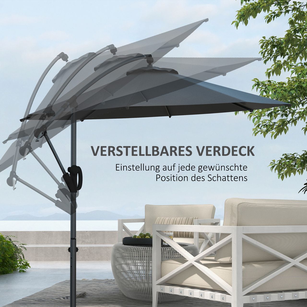 Outsunny Ø293cm Ampelschirm mit Kreuzfuß Sonnenschirm mit Kurbel für Garten Grau