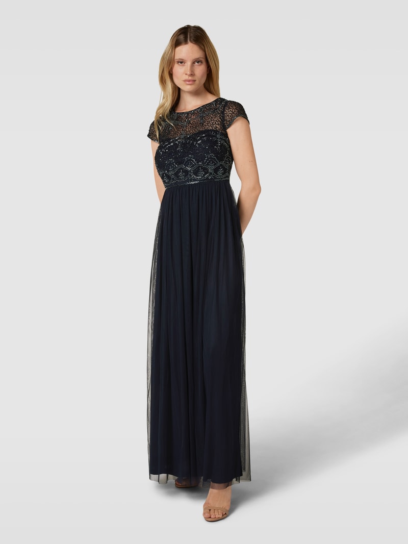 Abendkleid mit Ziersteinbesatz in marineblau meliert
