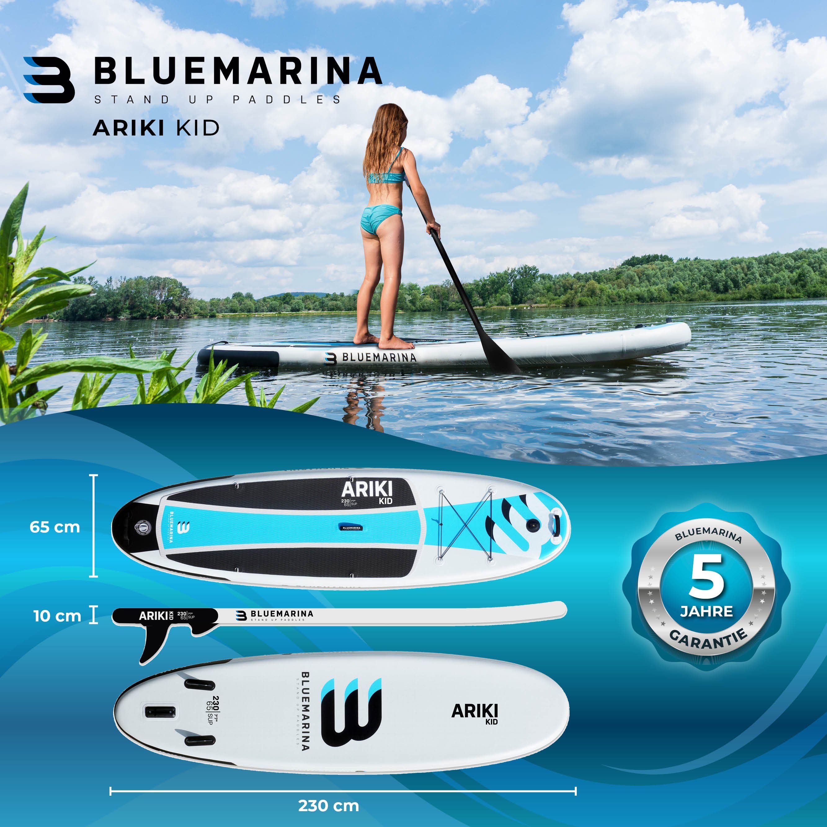 Bluemarina SUP-Board Aufblasbares Bluemarina SUP Board Ariki inkl. 5 J. Garantie, Stand Up Paddle Board, (10 - 15 cm dick, PVC, max 140 kg), Paddling board, Paddelboard, Surfboard, (Kinder/Erwachsene bis 90 kg - 3-Finnen - Action-Cam-Halterung, UV Re