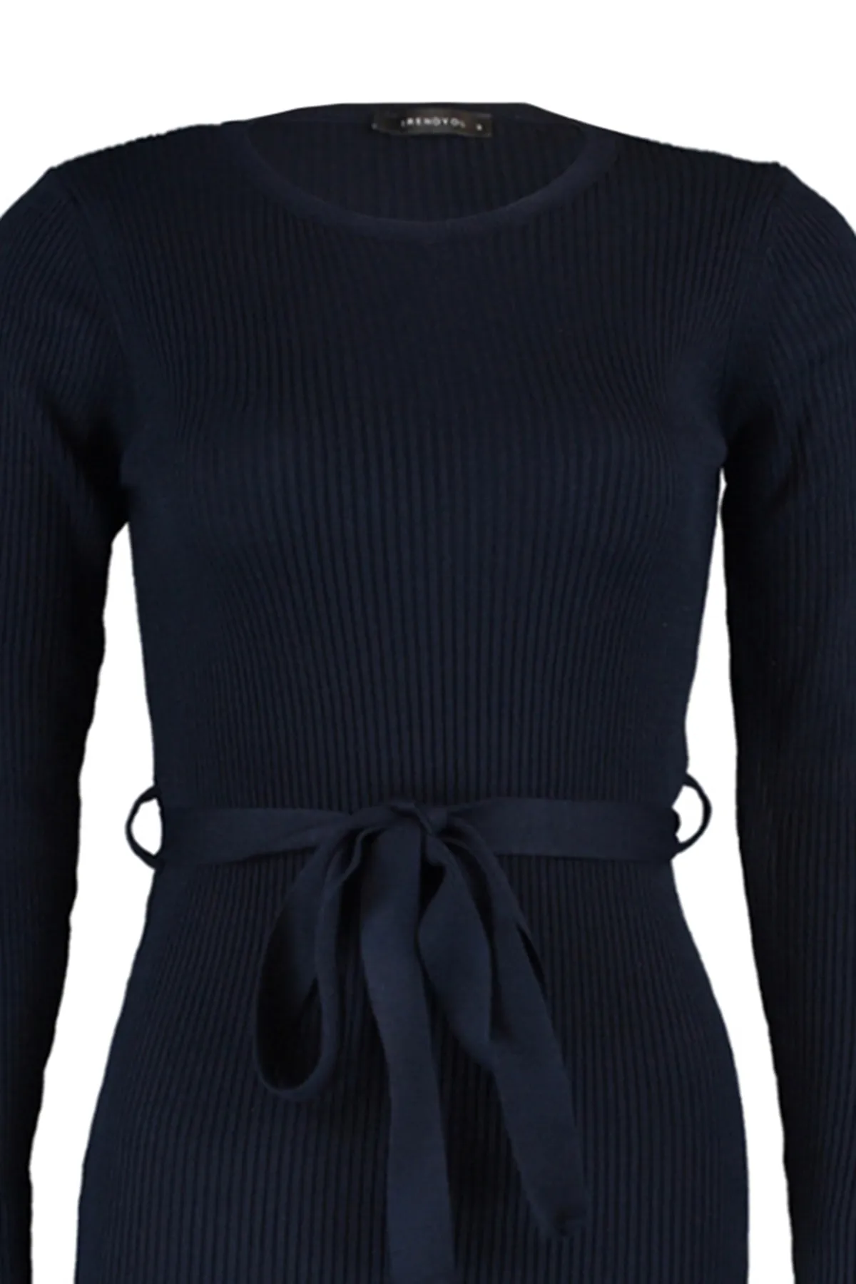 Trendyol Collection  Marineblaues, dunkelblaues, tailliertes Midi-Strickkleid mit Gürtel TWOAW22EL0009 Kleid TWOAW22EL0009