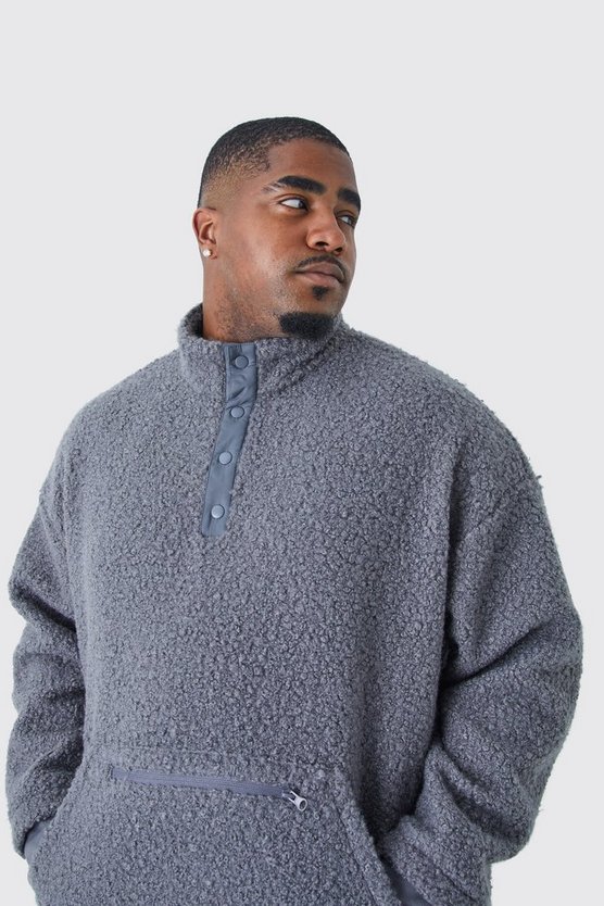 Plus Oversize Bouclee-Sweatshirt mit 1/4 Knopfleiste