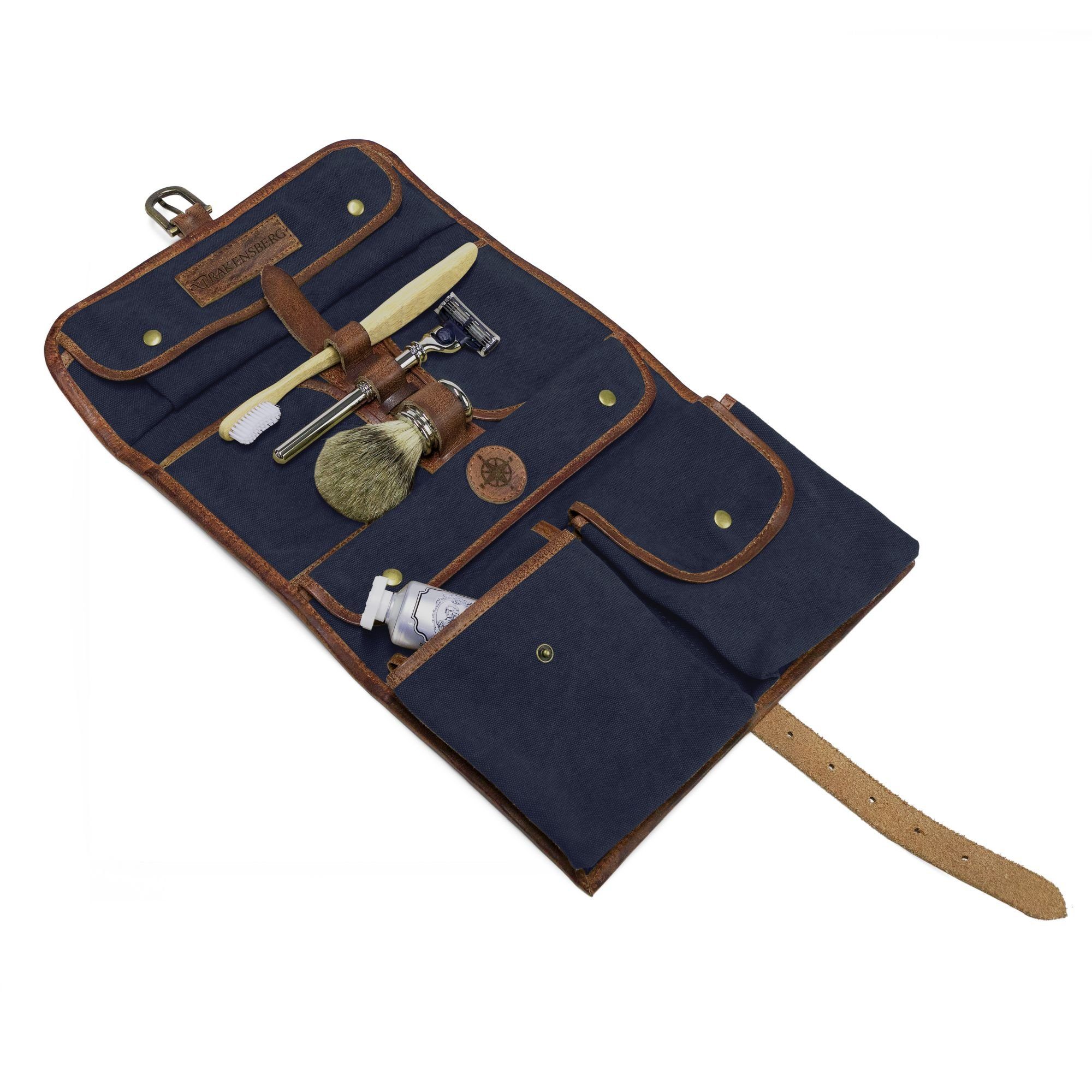 DRAKENSBERG Kulturbeutel zum Aufhängen Sid Marine-Blau, Damen, Herren, rollbare Kulturtasche im Safari-Design, Canvas, Leder