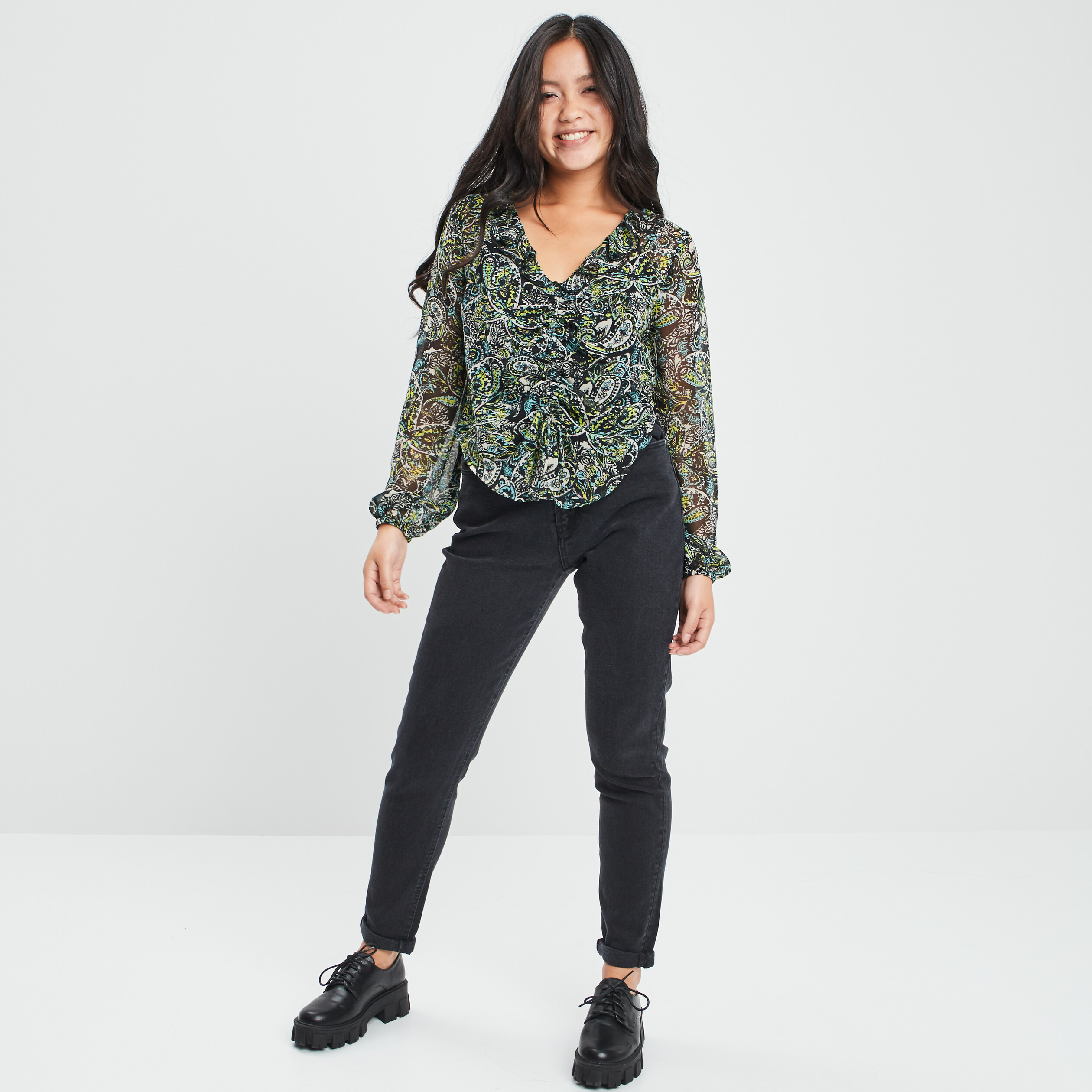 Blouse manches longues col volanté noir femme | La Halle