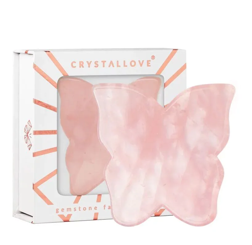 Πιάτο μασάζ προσώπου Gua Sha με ροζ χαλαζία Crystallove και πεταλούδα