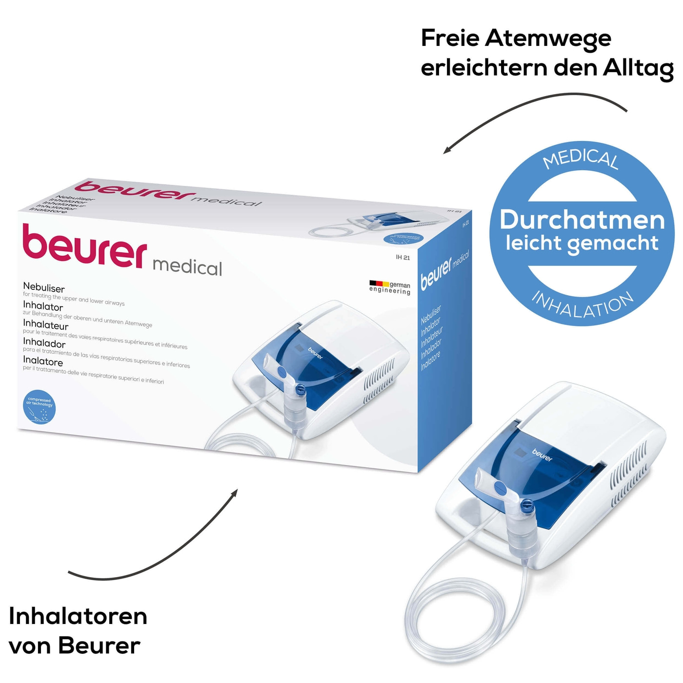 Beurer Inhalator IH 21-Inhaliergerät mit Kompressor-Drucklufttechnologie & kurzer Inhalationszeit