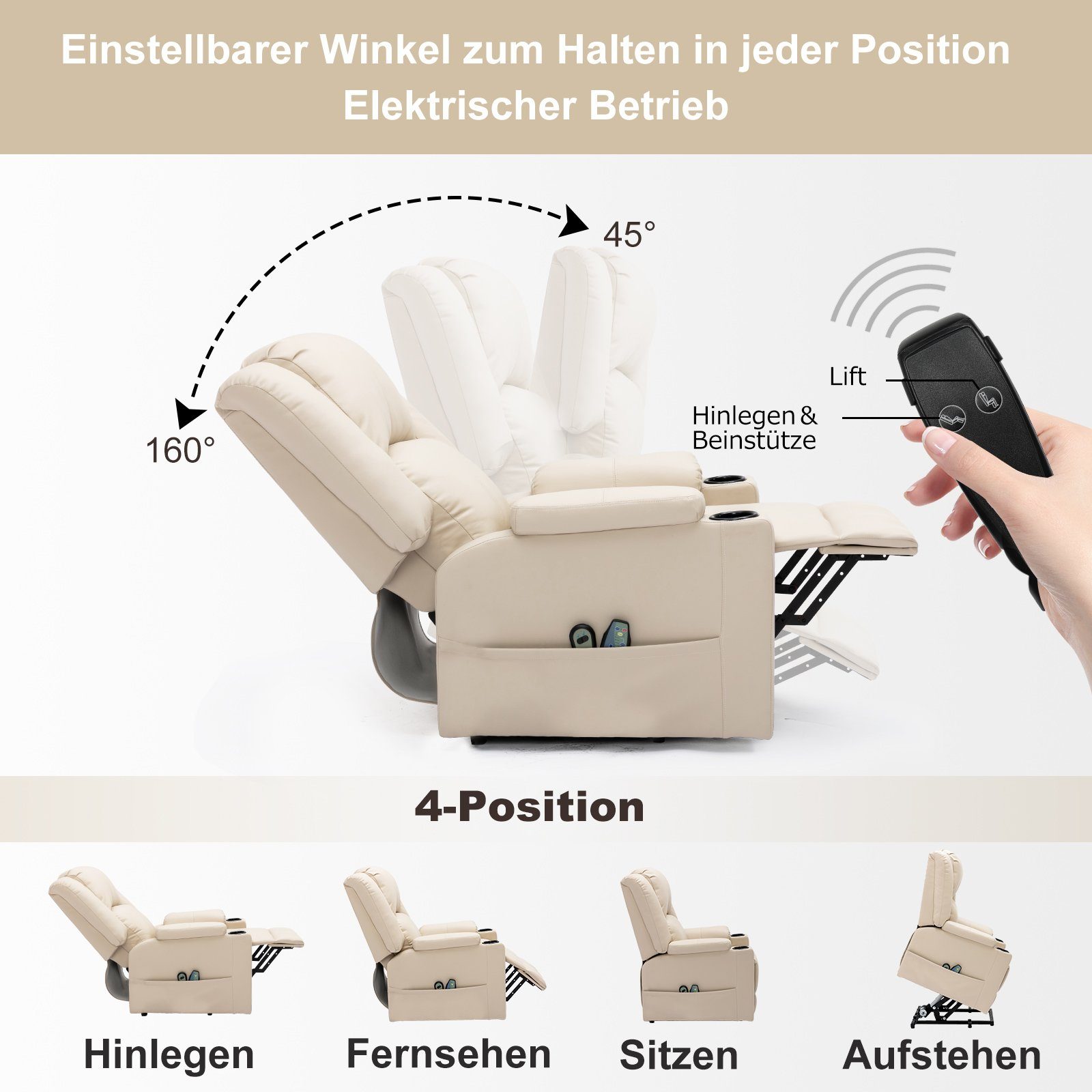 COMHOMA Relaxsessel Powerlift-Liegestuhl Massagesessel für ältere Menschen, mit 2 Seitentaschen und Getränkehalter, Massage & Heizung-Funktion