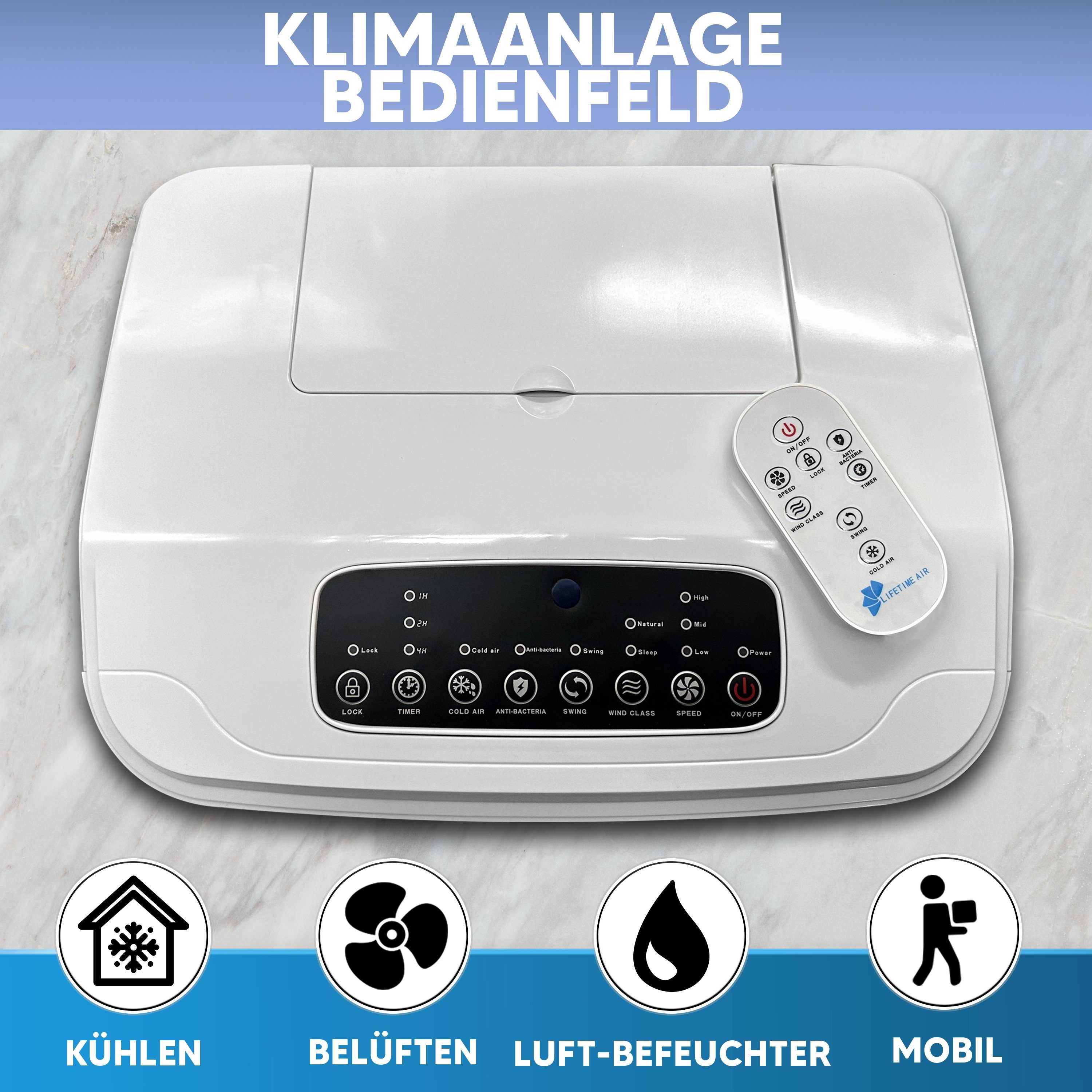 JUNG Ventilatorkombigerät DAY mobiles Klimagerät ohne Abluftschlauch, Wasserkühlung, Fernbedie, Aircooler, Timer Aircondition 60W Luftkühler leise Ventilator Kühler