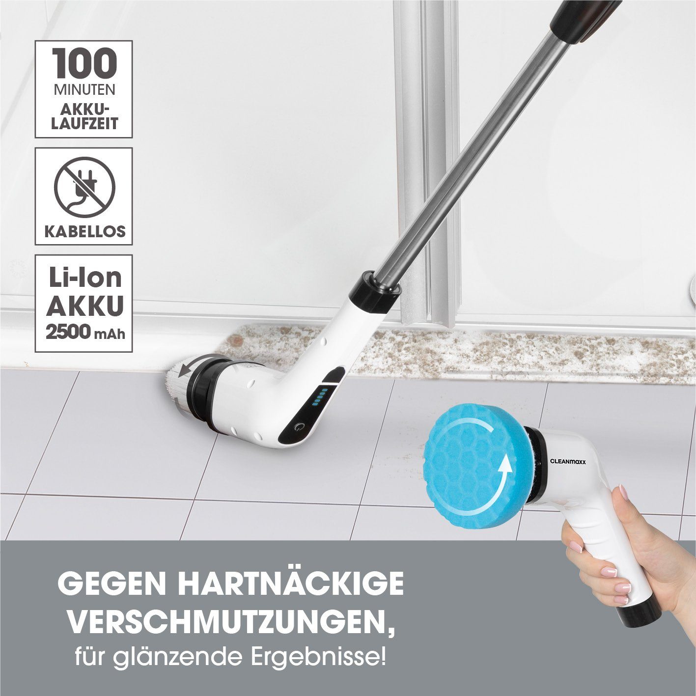 CLEANmaxx Elektro-Oberflächenbürste Akku-Reinigungsbürste 8 Aufsätze In-&Outdoor 100 Min. Laufzeit, 8-tlg., putzen & polieren