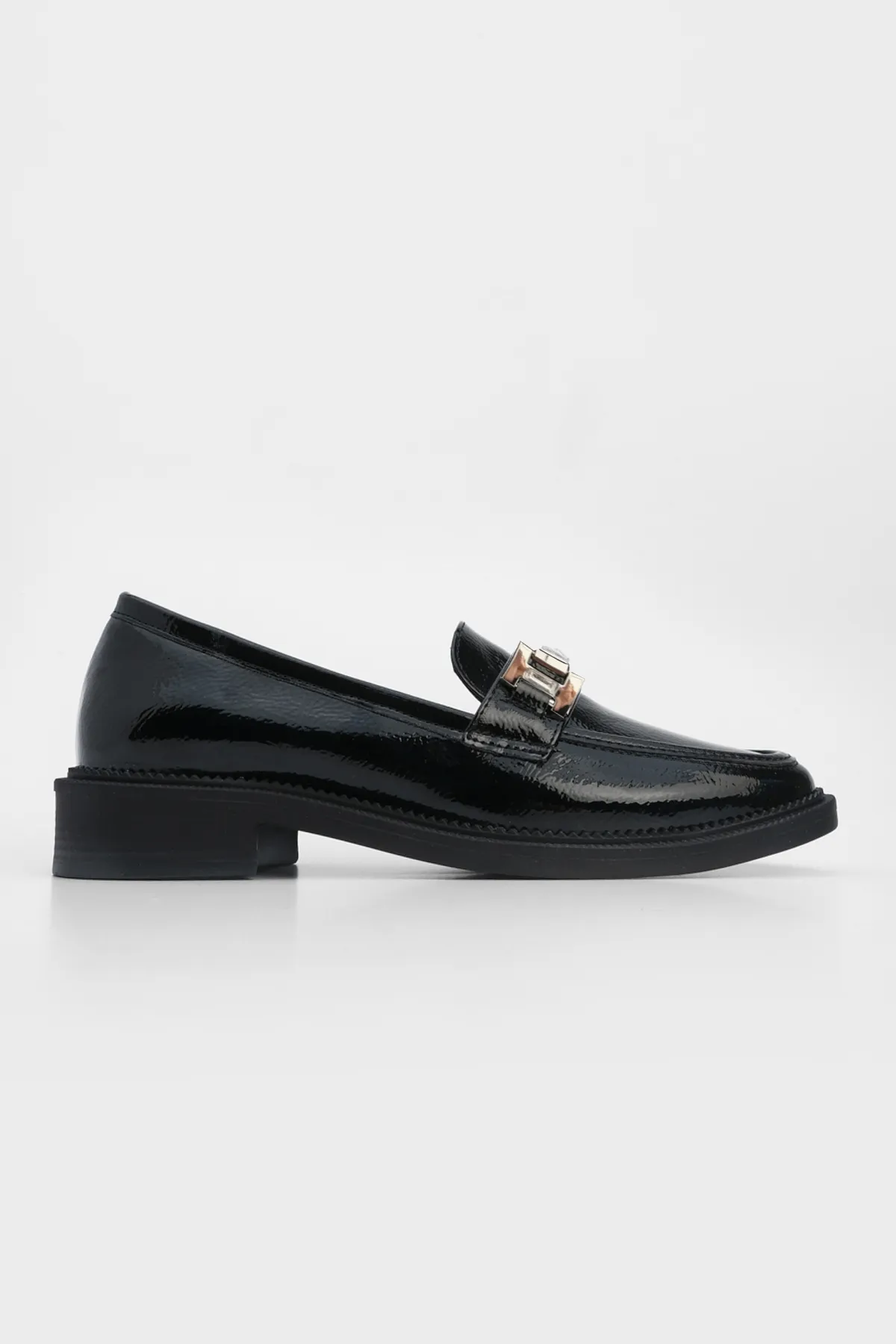 Marjin  Damen-Loafer mit Steinschnalle, Freizeitschuhe, Hosre, schwarzes Lackleder