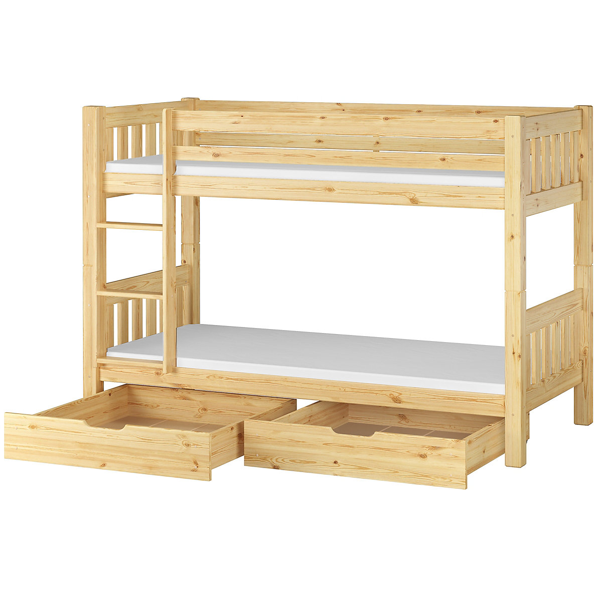 Etagenbett 90x200 Kiefer mit Rollrost, Matratzen und Bettkasten
