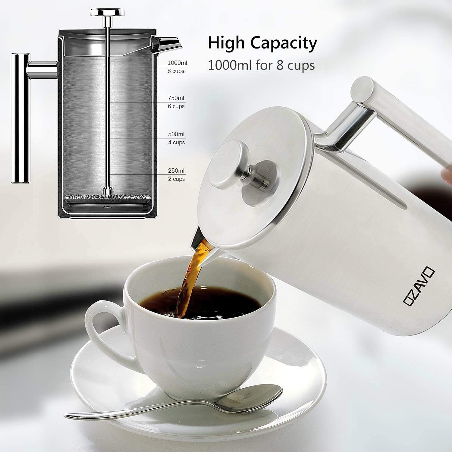 OZAVO Kaffeebereiter OZ230, 6 Edelstahl-Filter Φ9.5cm, Kaffeekanne, 1L Doppelwandig French Press System, Doppelwandig Edelstahl Kaffepresse
