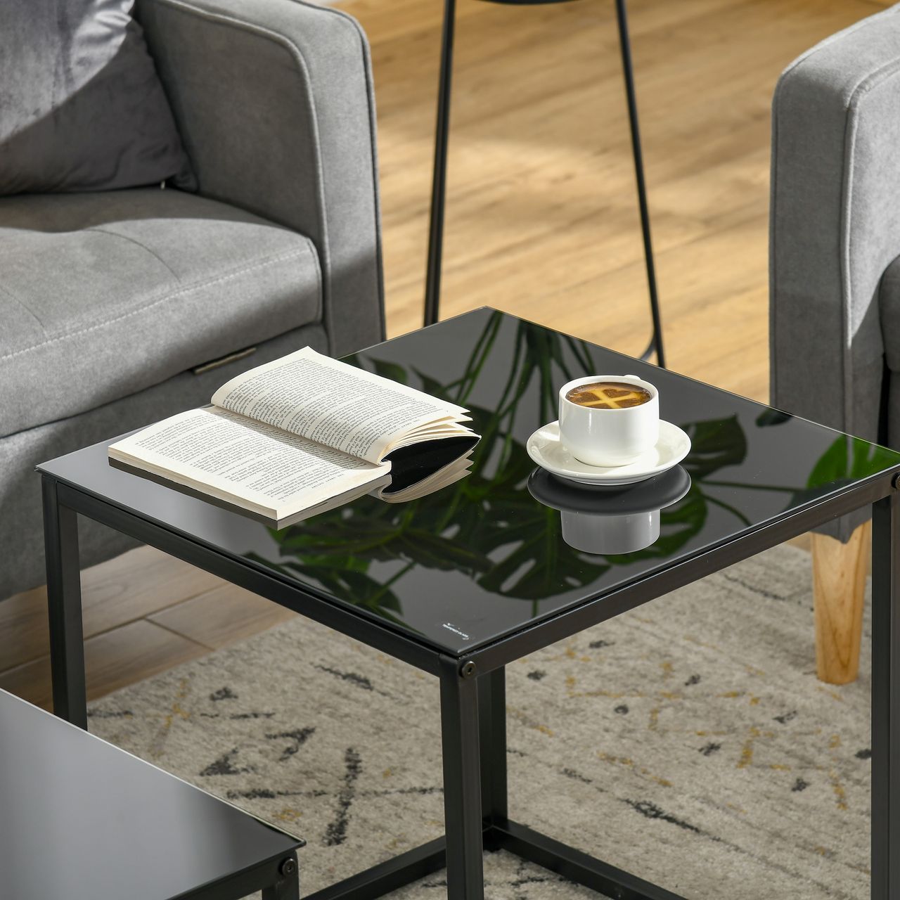 HOMCOM Beistelltisch 2er-Set, Couchtisch-Set, Kaffeetisch mit Glastischplatte