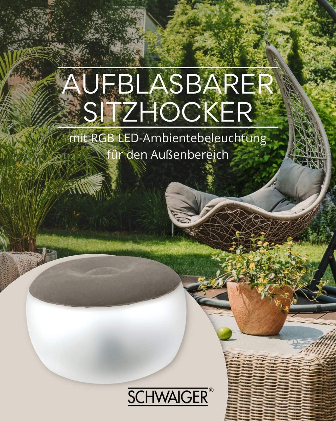 Schwaiger Gartenlounge-Hocker 660180 (Outdoor-Sitzhocker, als Sitzhocker oder Fußablage geeignet), aufblasbar, LED Beleuchtung