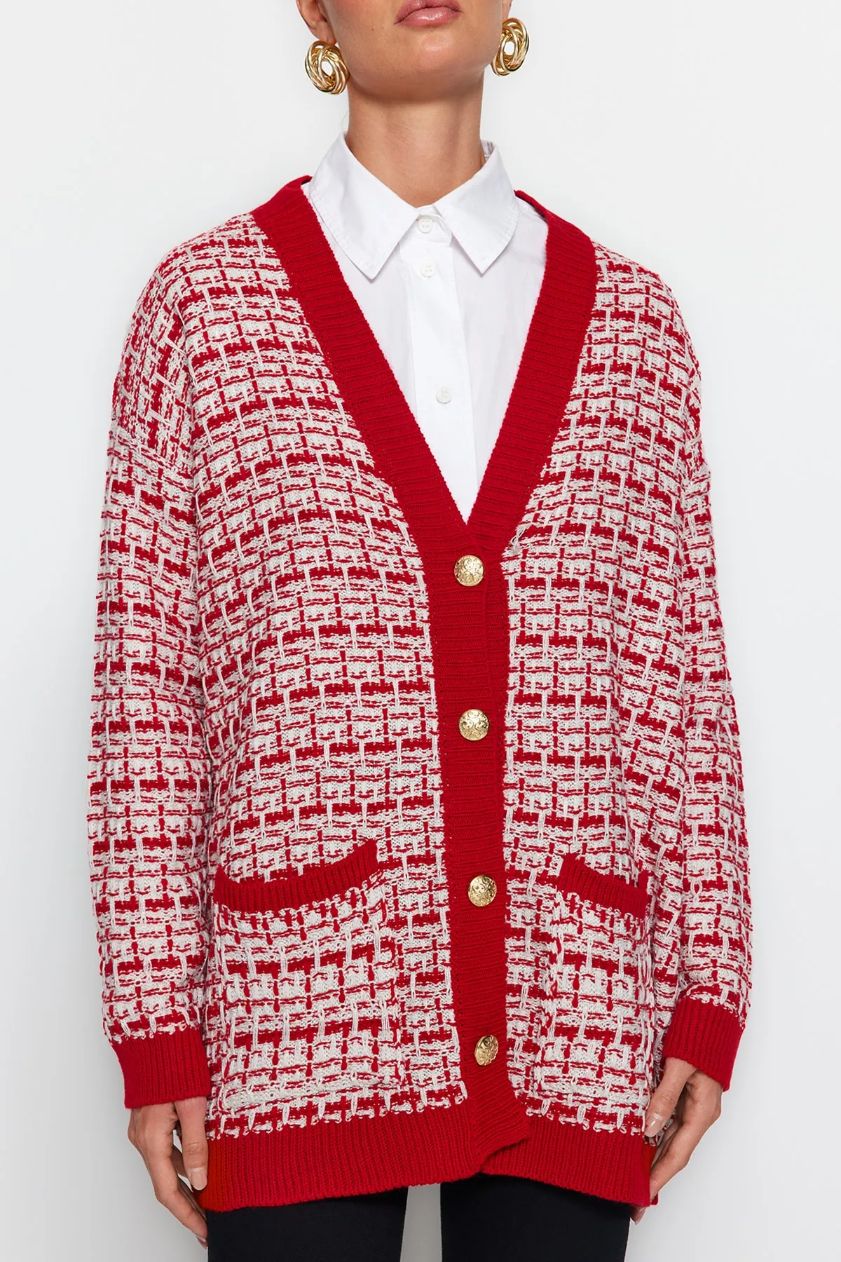 Trendyol Collection  Roter, weit geschnittener Strickcardigan in Tweed-Optik mit Glitzer TWOAW21HI0250
