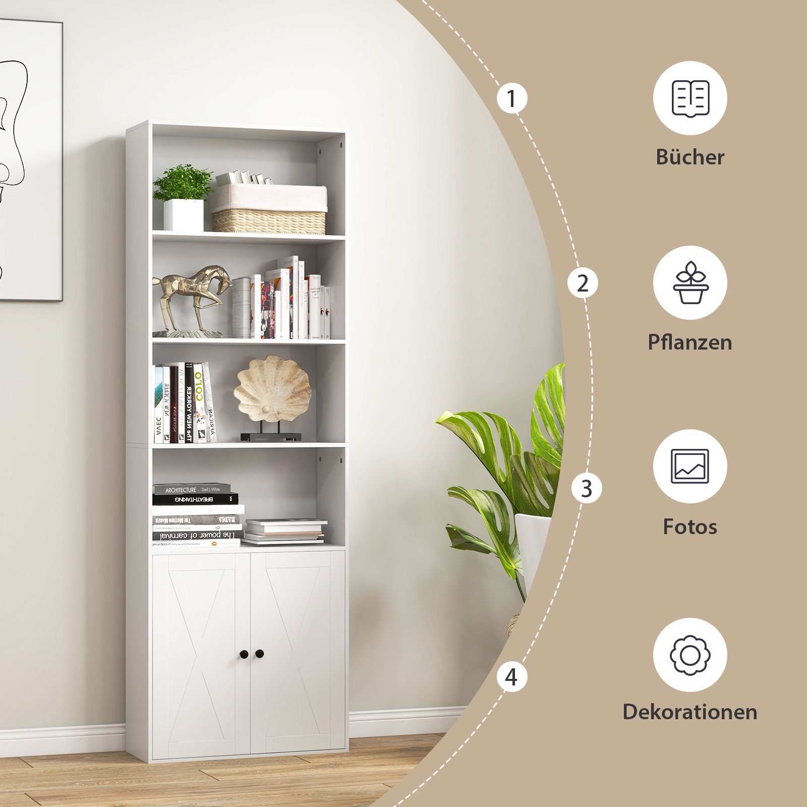 COSTWAY Bücherregal, 180cm Bücherschrank mit Türen & 4 offenen Fächern