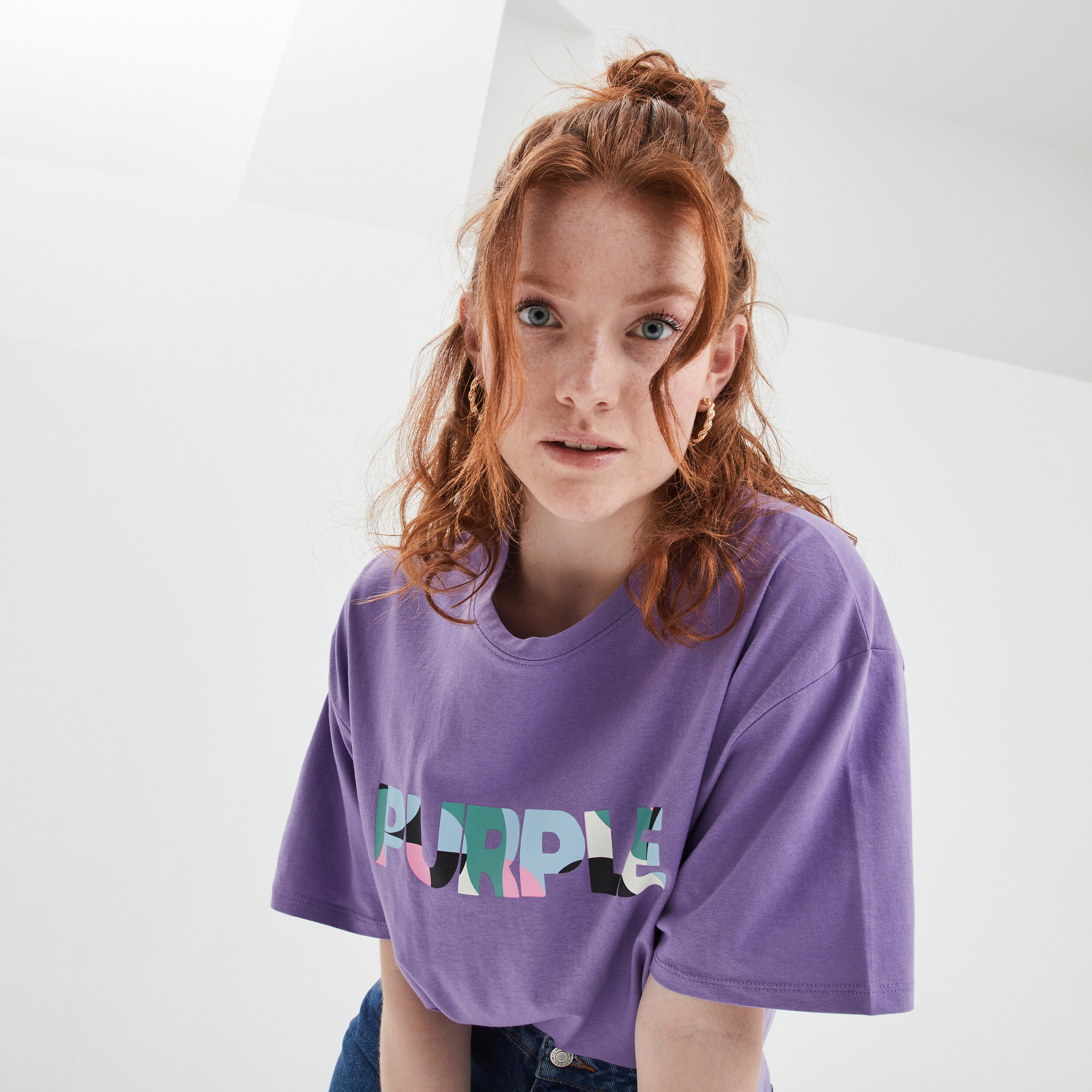 T-shirt oversize manches courtes coton violet femme | La Halle