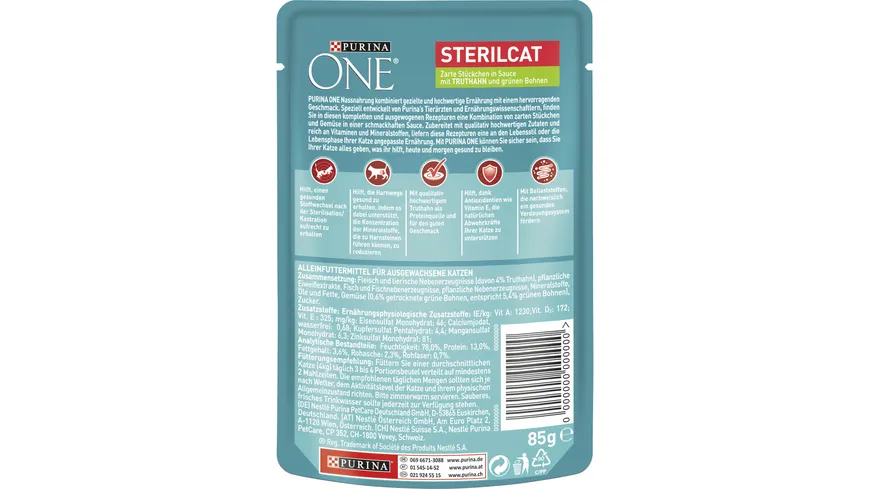 PURINA ONE Sterilcat mit Truthahn und grünen Bohnen Katzennassfutter 85 g