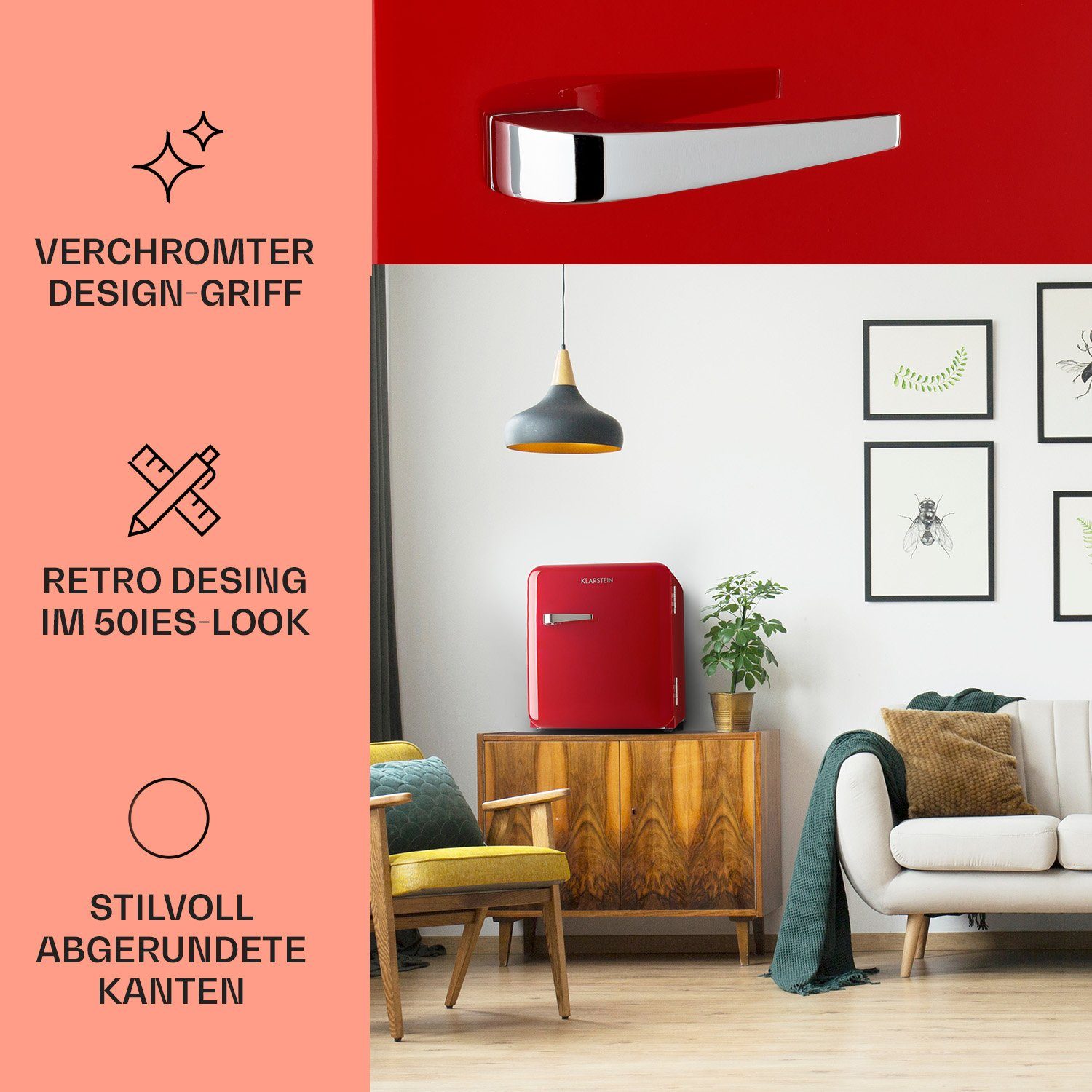 Klarstein Table Top Kühlschrank HEA13-Audrey-rot 10035311A, 50 cm hoch, 44 cm breit, Hausbar Minikühlschrank mit Gefrierfach Getränkekühlschrank klein