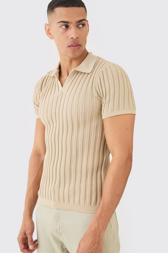 Geripptes Muscle-Fit Strick-Poloshirt