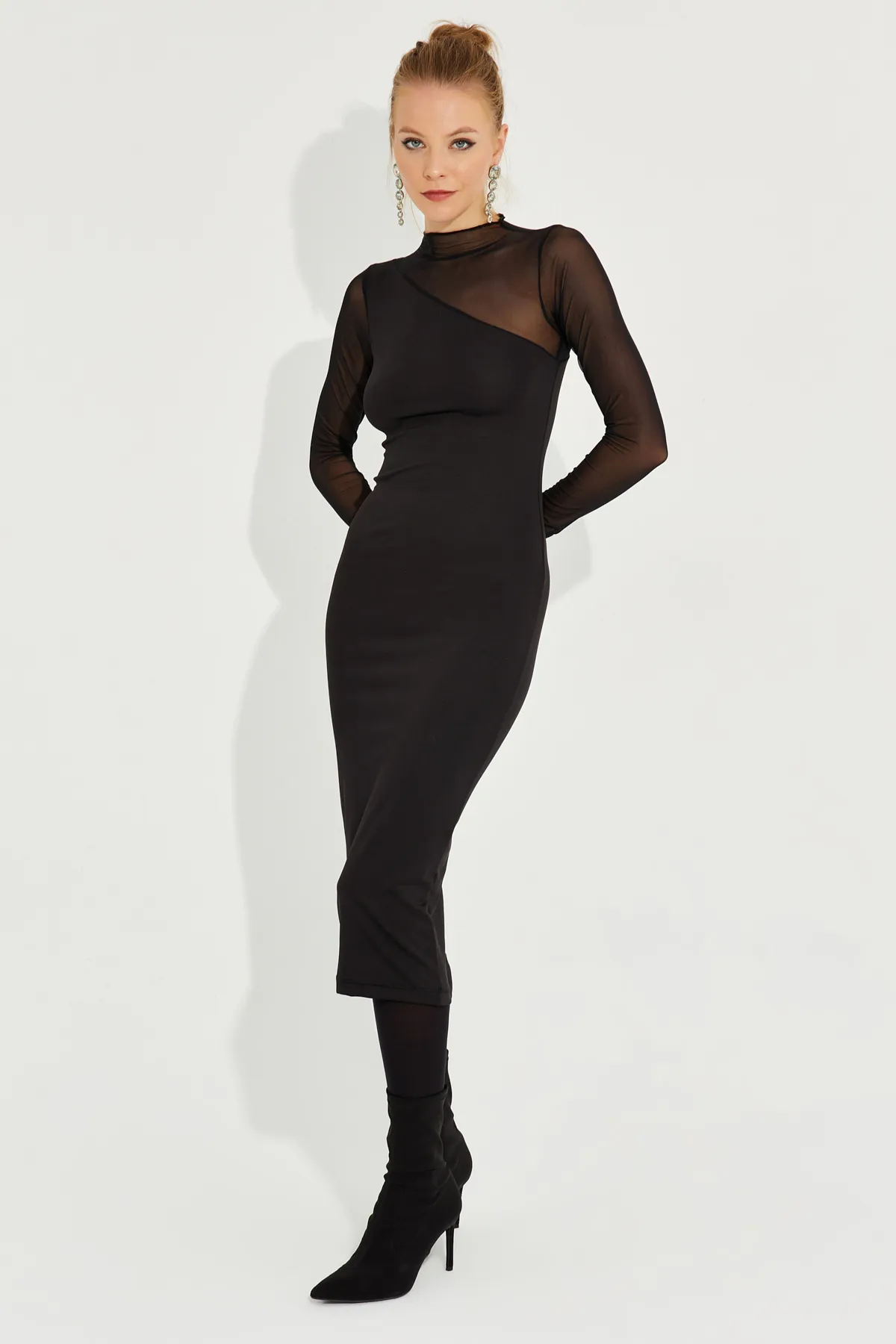 Cool & Sexy  Schwarzes, detailliertes, asymmetrisches Midikleid aus Tüll für Damen EY2601