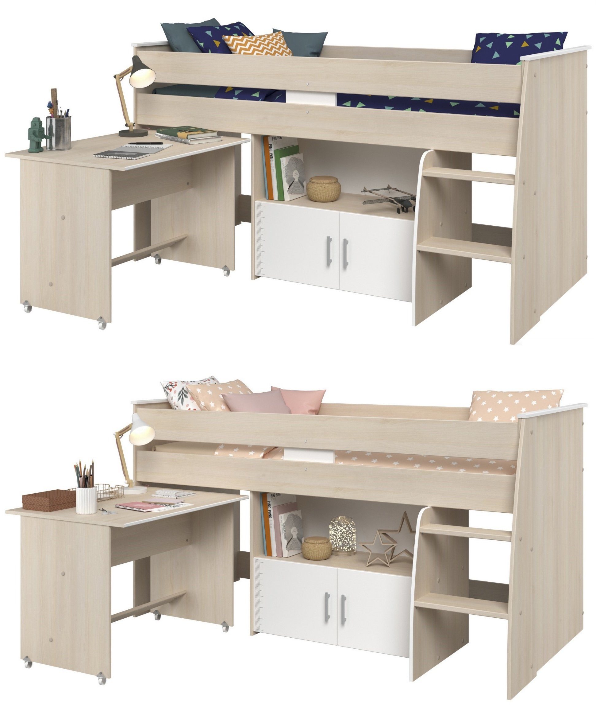 Parisot Jugendzimmer-Set Charly, (Komplett Set, 1-St., in verschiedenen Zusammenstellungen wählbar), Hochbett mit Schreibtisch