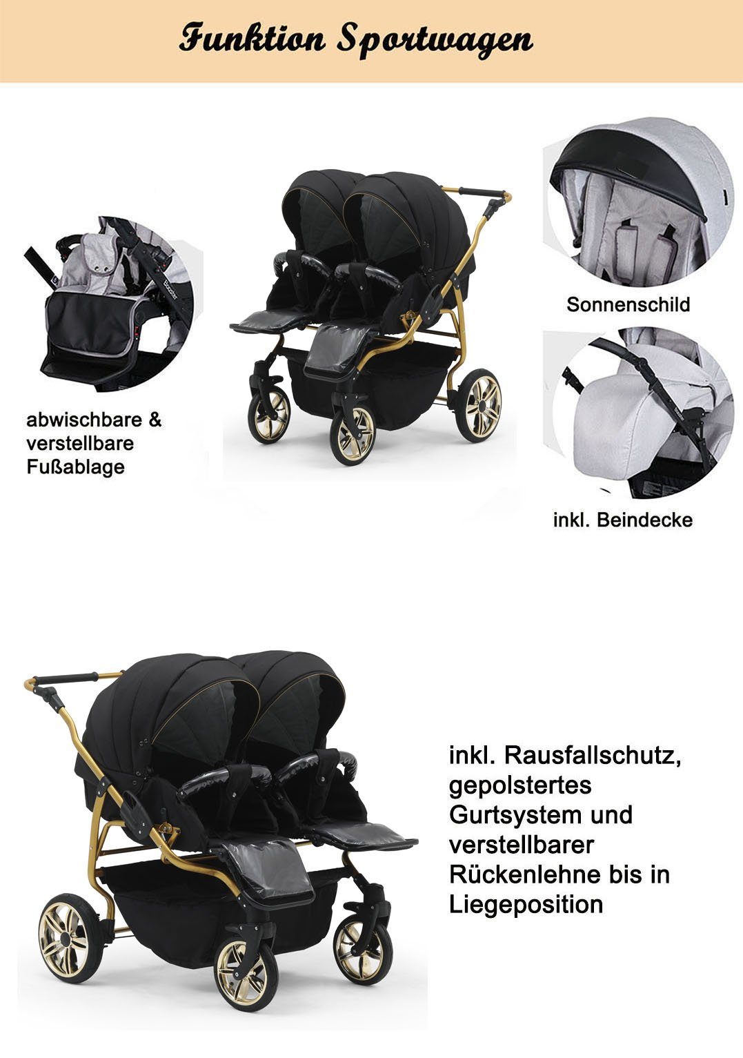 babies-on-wheels Zwillingswagen Duet Lux Gold 3 in 1 inkl. Autositze - 13 Teile - in 33 Farben