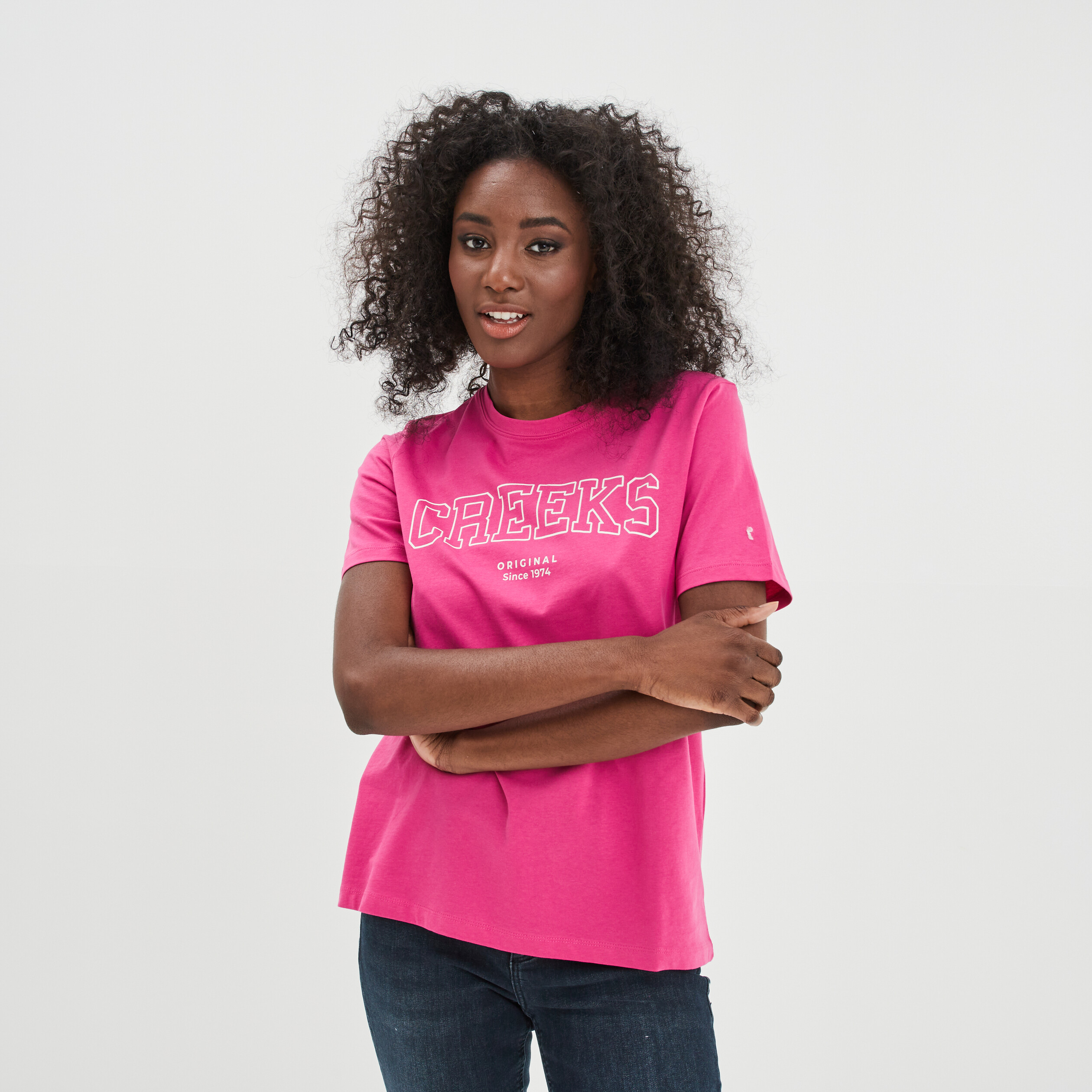 T-shirt oversize col rond coton Creeks rose framboise femme | La Halle