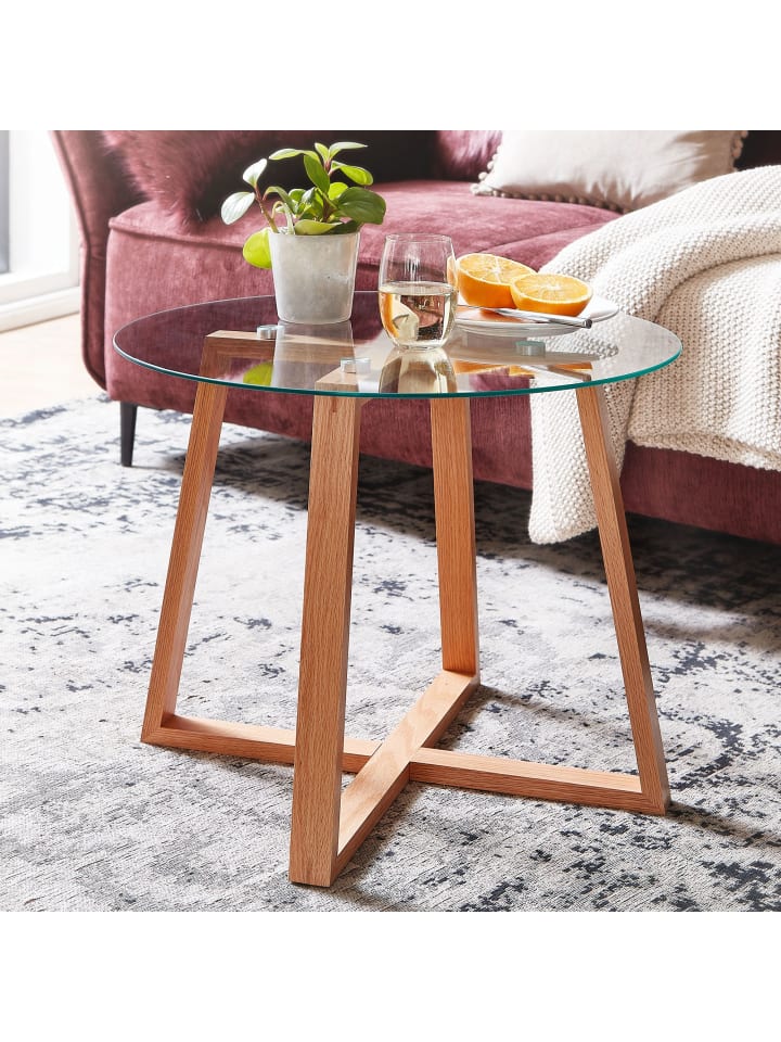 KADIMA DESIGN Couchtisch 58x58x47 cm Sofatisch Eiche Massivholz / Glas Rund, Design günstig kaufen onesize