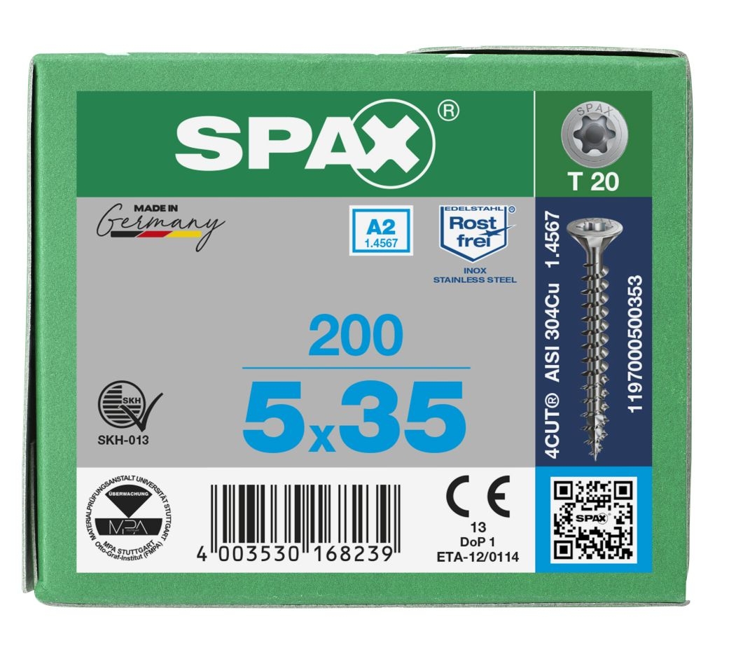 Șurub SPAX 1197000500353 din oțel inoxidabil, 5 x 35 mm, filet complet, cap înecat, T-STAR plus T20 - 200 bucăți