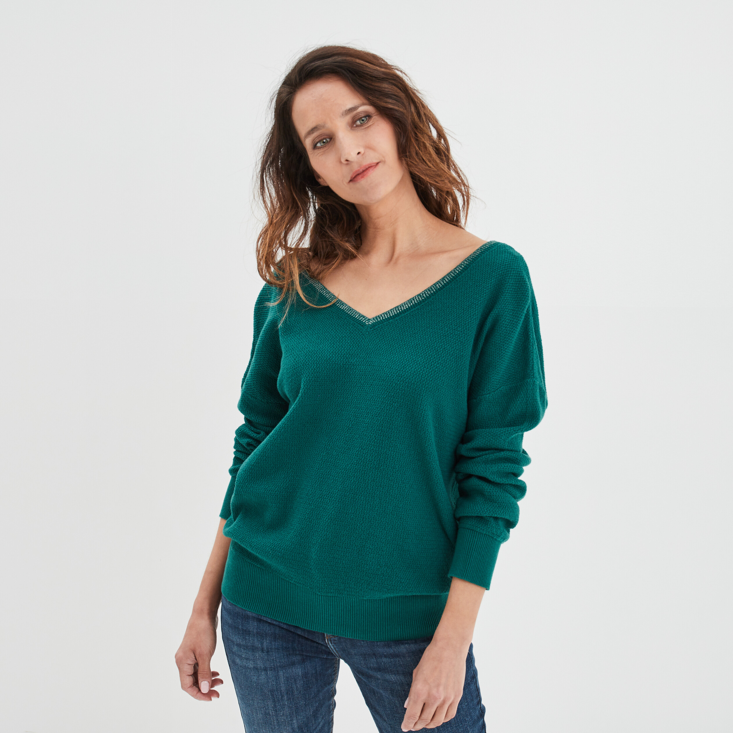 Pull gilet recto-verso col en V vert émeraude femme | La Halle