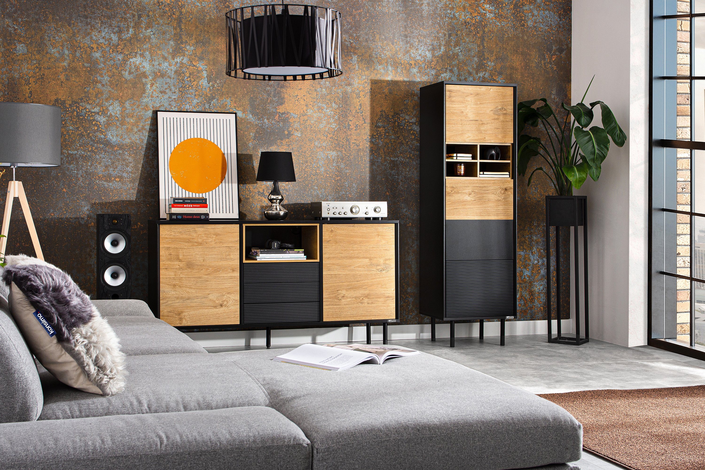 Konsimo Kombikommode LOFTY Sideboard Türkommode mit Schubladen industrial Style, Breite 151 cm, geriffelte Front, Holz, mit Schubladen