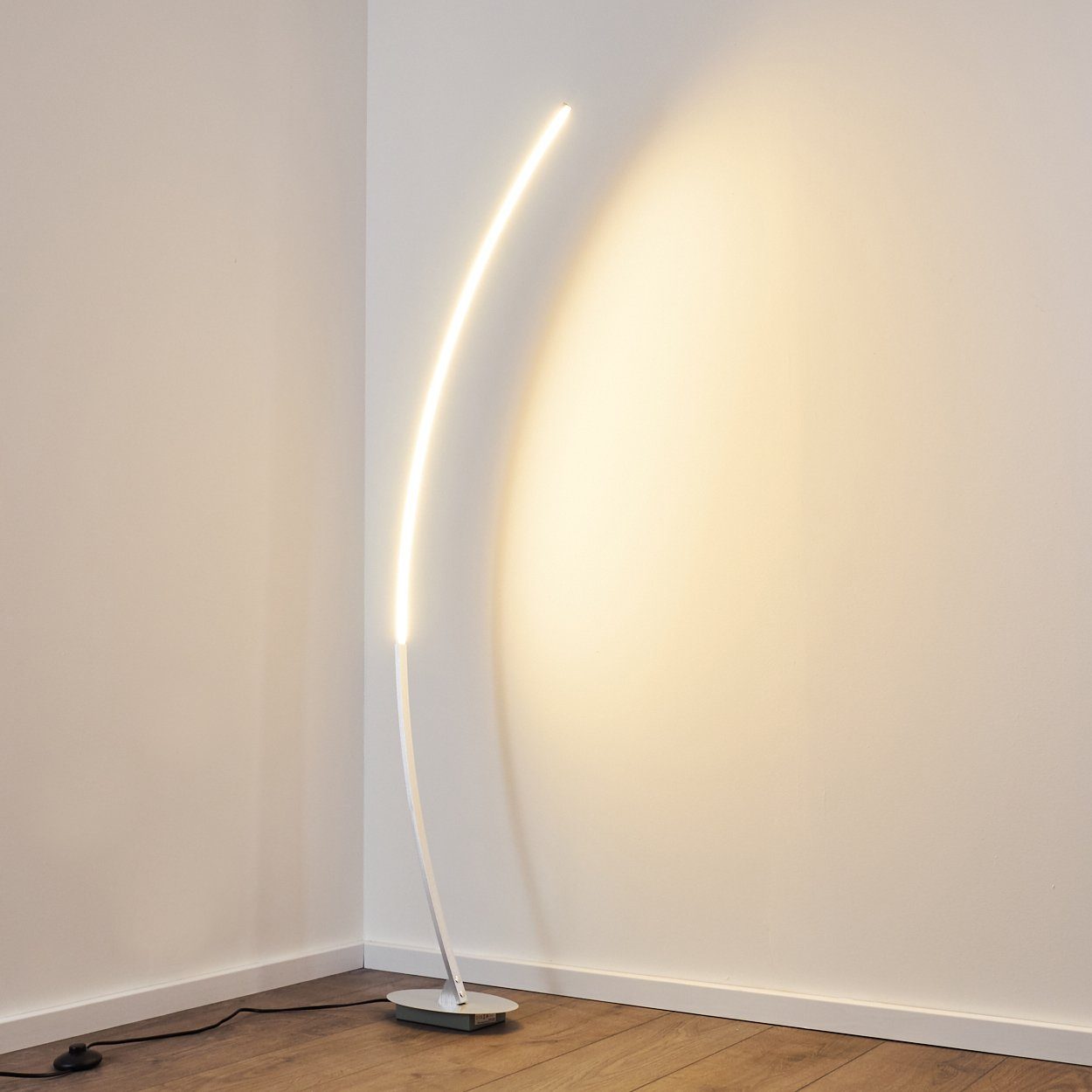 hofstein Bogenlampe Oneto LED Designer Standlampe in Aluminiumgebürstet, mit Fußschalter und Kabel, Leselampe, fest eingebaute LEDs 1100 Lumen