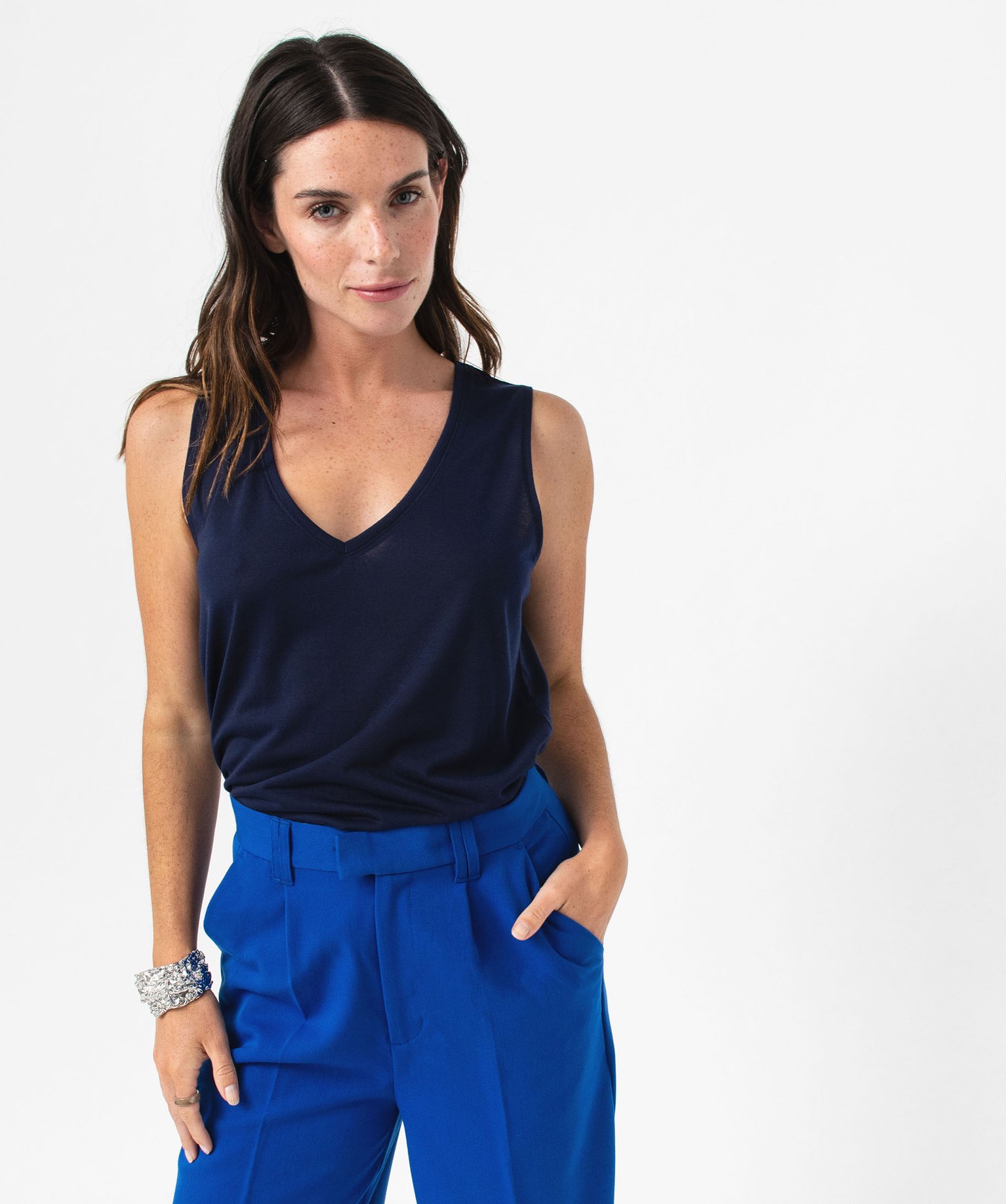 Débardeur col V en maille fluide femme bleu | GEMO