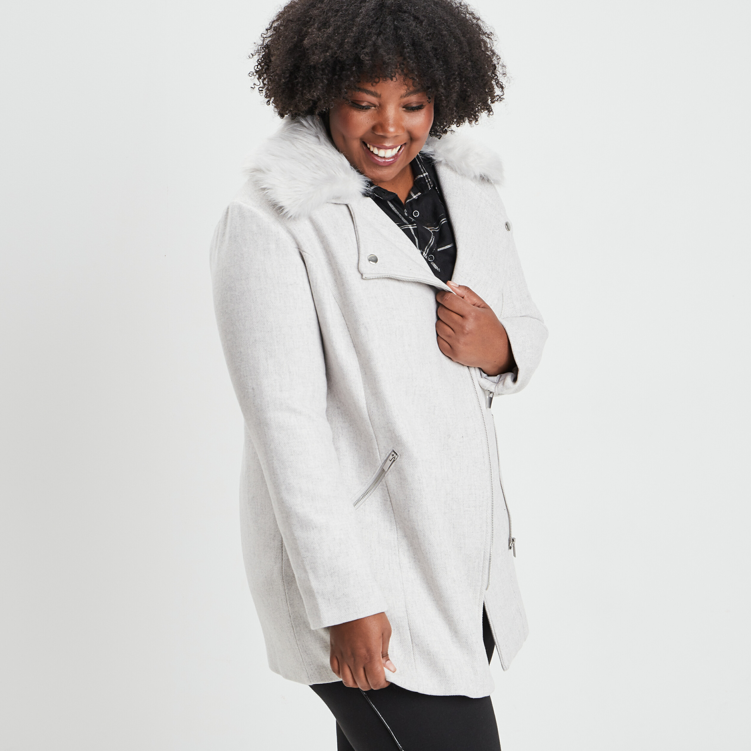 Manteau droit mi-long gris femme grande taille | La Halle