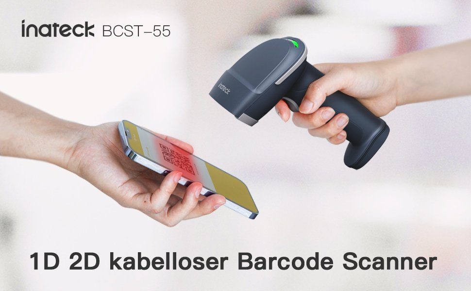 Inateck 1D 2D Wireless Barcode Scanner, Kabellos, Bluetooth 5.0 Handscanner, (Bildschirm-Scannen)