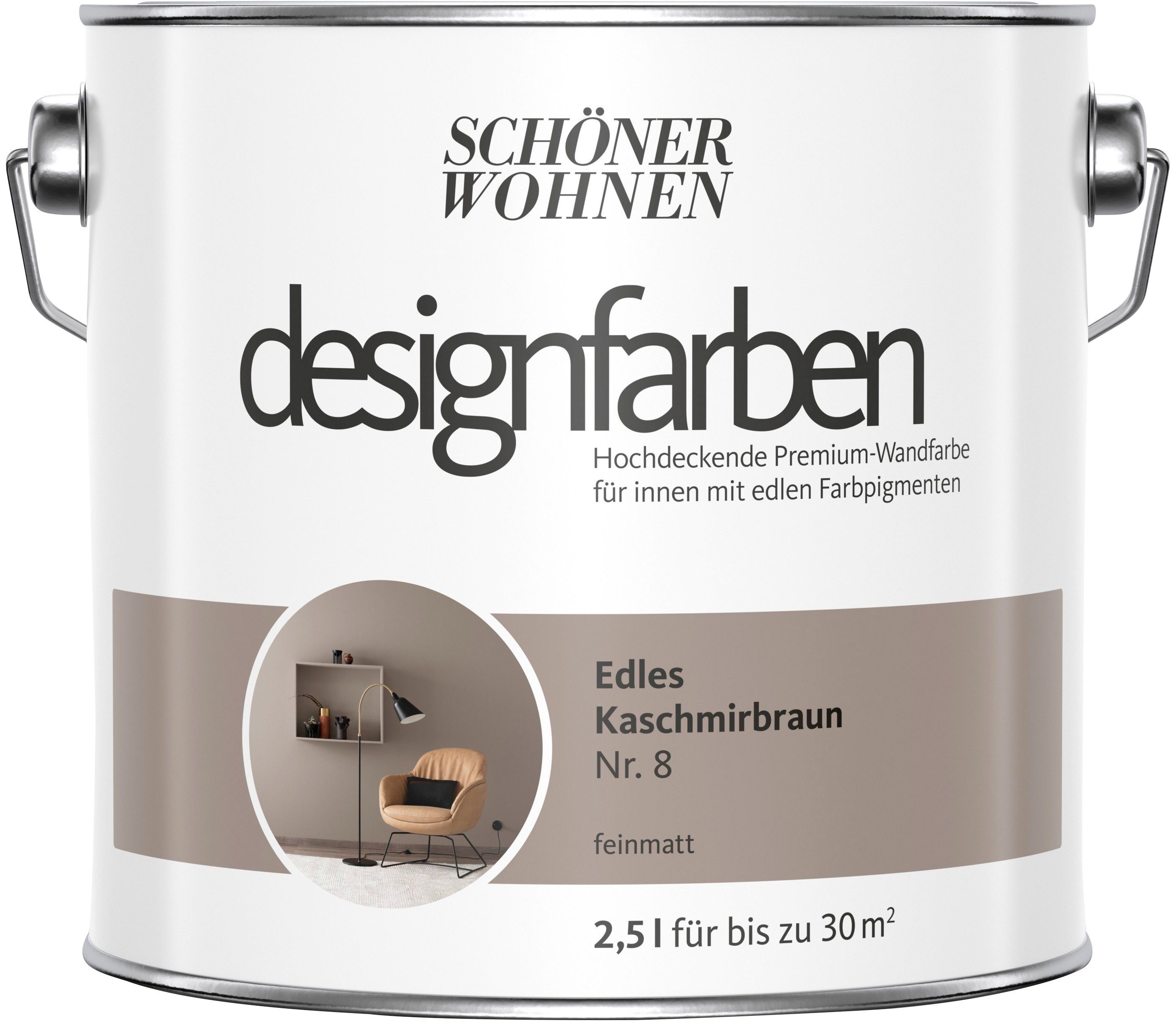 SCHÖNER WOHNEN FARBE Wand- und Deckenfarbe Designfarben, 2,5 Liter, Edles Kaschmirbraun Nr. 8, hochdeckende Premium-Wandfarbe