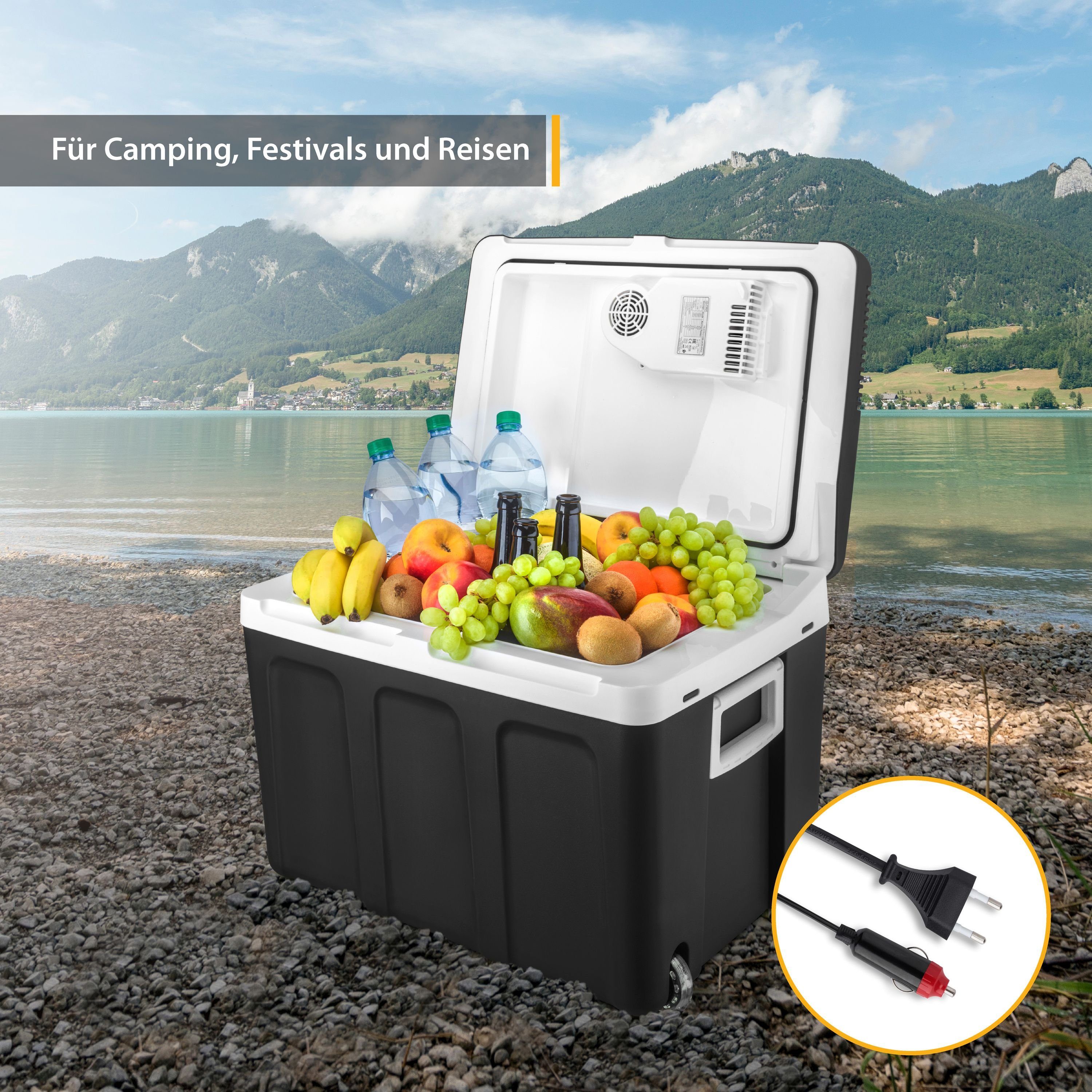 TZS FIRST AUSTRIA Elektrische Kühlbox elektrische Kühlbox, 45L, 12V /230V Anschluss, 12-V-Stecker fürs Auto, für Camping, Festivals, Reisen, mit Kühl- und Warmhaltefunktion