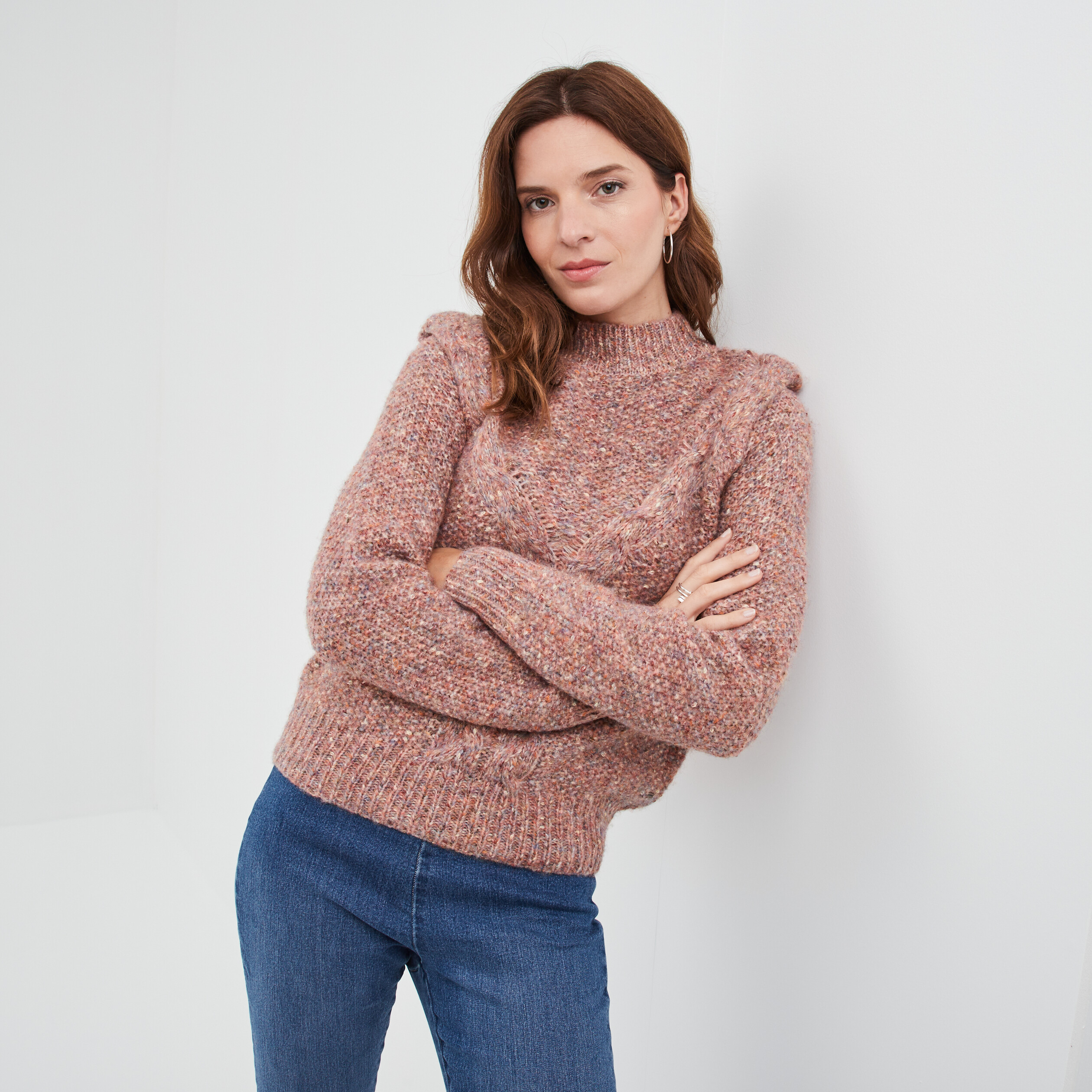 Pull détails torsades col montant rose clair femme | La Halle