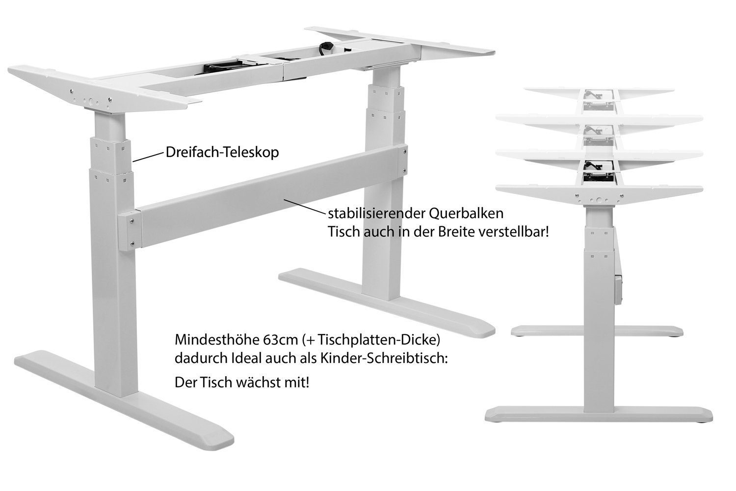 exeta Schreibtisch Exeta ergoPRO Elektrisch höhenverstellbarer Schreibtisch mit 2 Motoren, elektrische Höhenverstellung von 63cm bis 125cm,flexible Gestellbreite